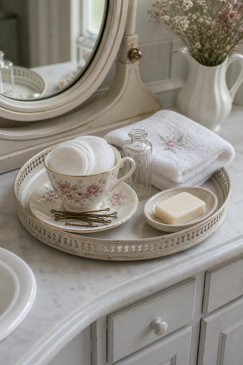 Vintage teacup used on a bathroom vanity tray for pretty everyday storage