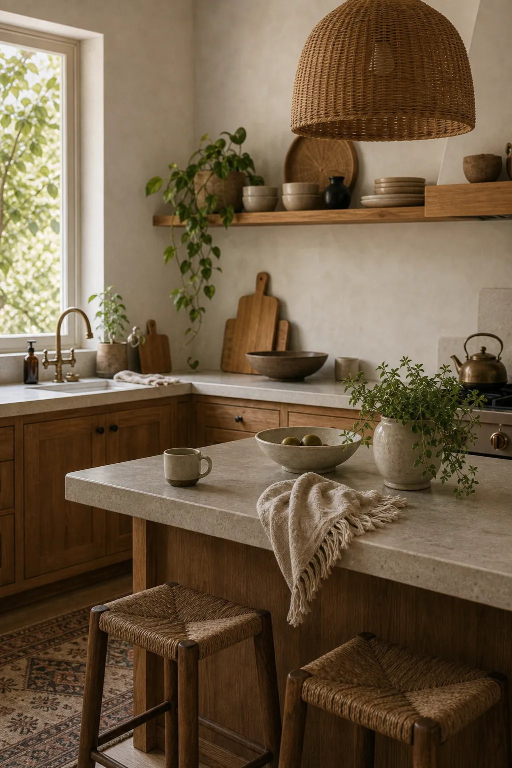 Boho kitchen styling with warm wood, woven texture, plants, and earthy decor