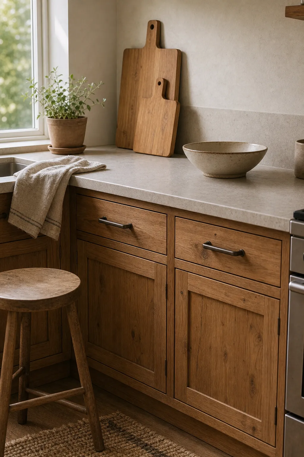 Boho kitchen with warm wood cabinets, bamboo boards, and natural texture