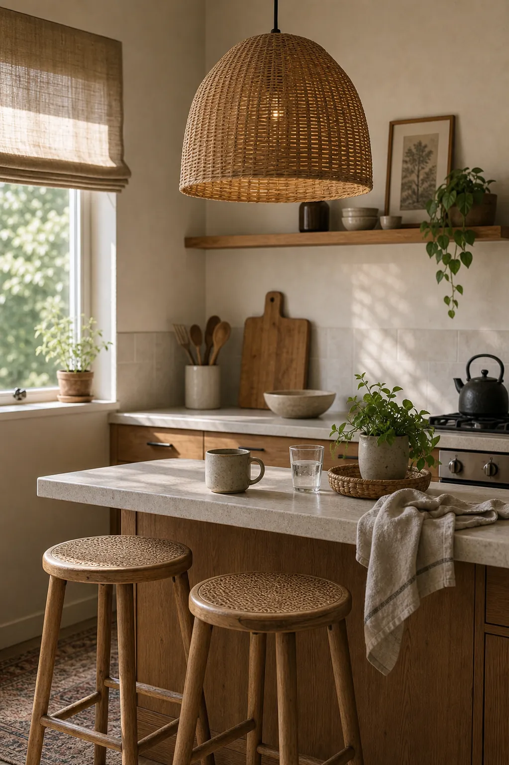 Boho kitchen with woven pendant lighting, wood stools, and earthy neutral decor