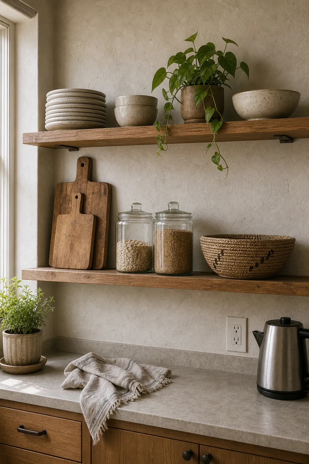 Boho kitchen open shelving styled with stoneware, wood boards, glass jars, and woven texture