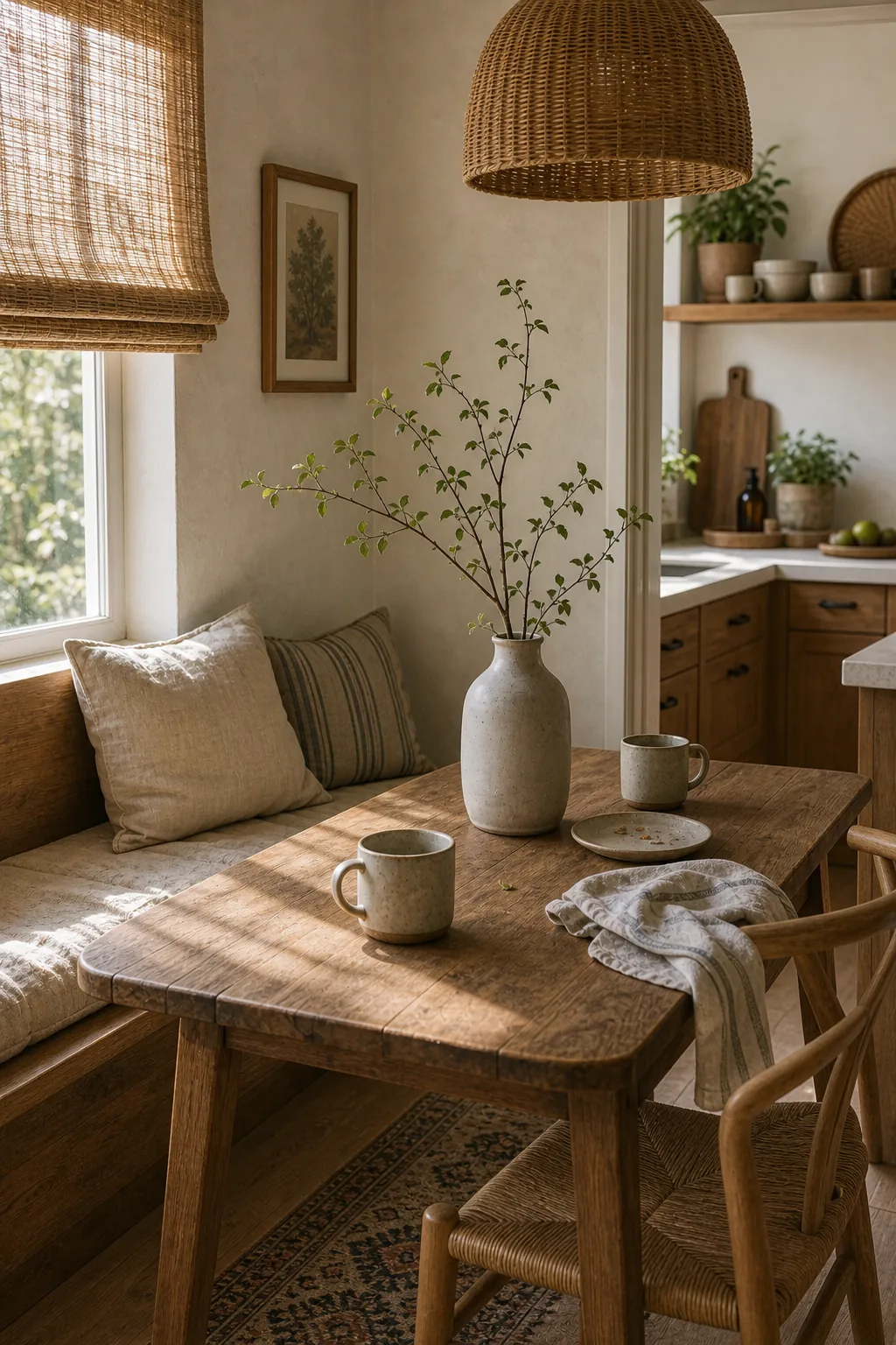 Boho kitchen dining corner with linen, wood, woven shade, and natural home decor