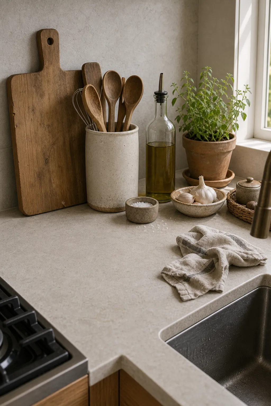 Earthy boho kitchen counter with useful ceramic, wood, herb, and oil styling