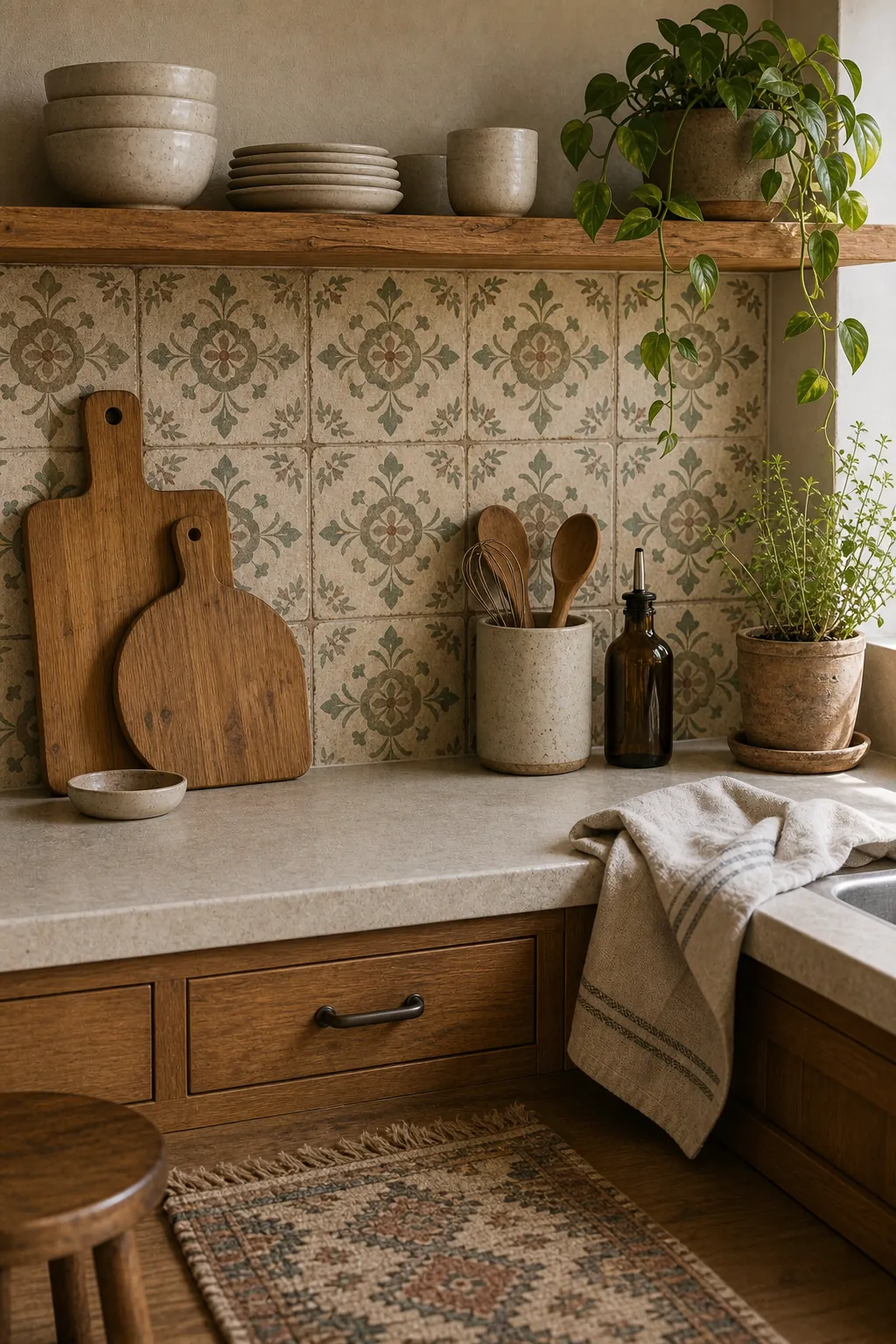 Boho kitchen with restrained pattern, handmade tile, wood shelves, and calm natural styling