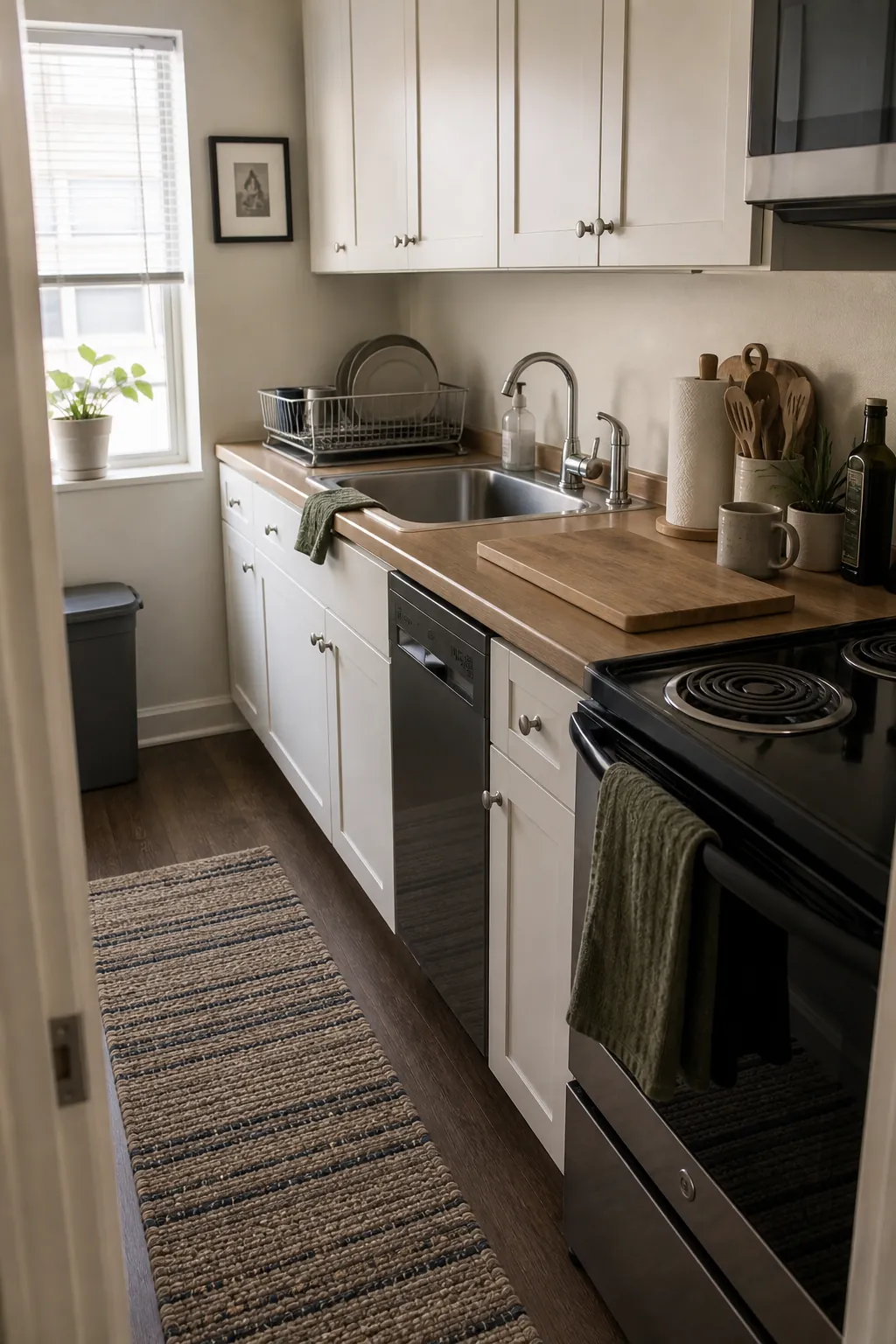 Small kitchen with tight counters cleaned and reset for cooking