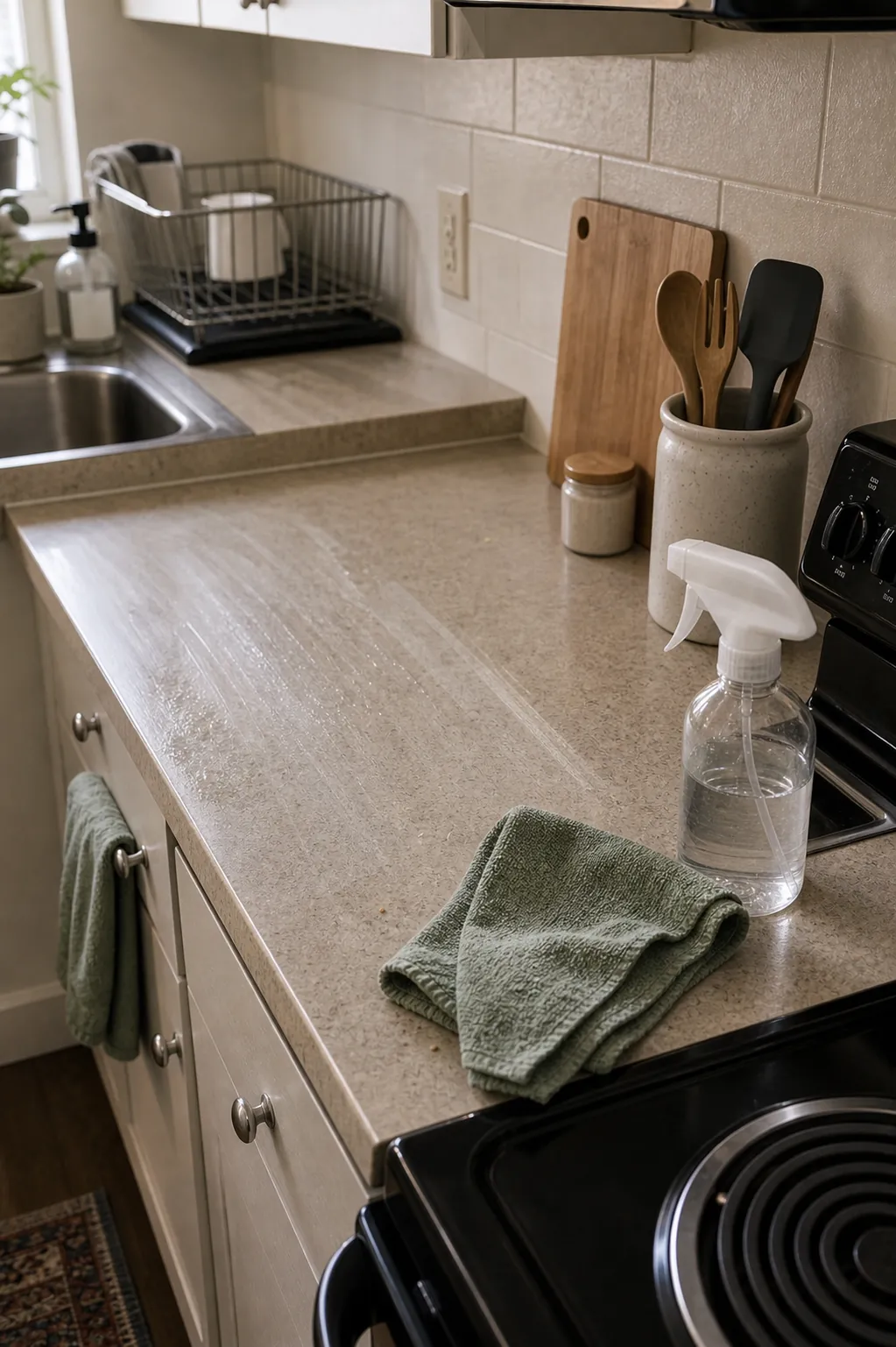 Tight kitchen counter wiped in short sections with only daily tools returned