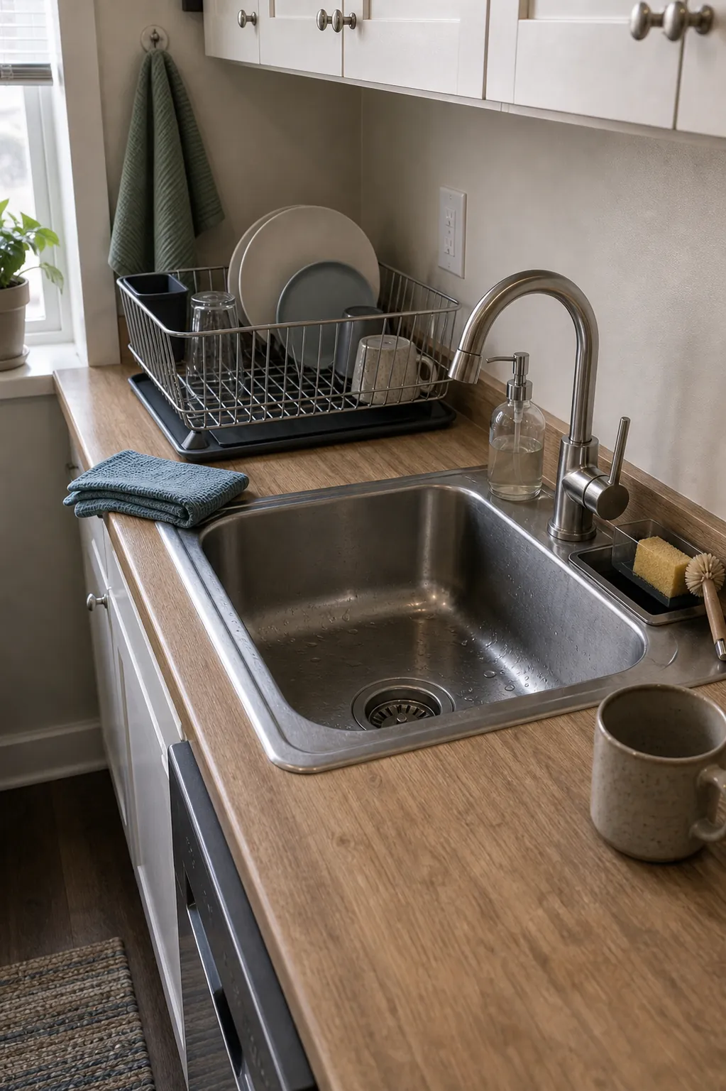 Small kitchen sink and dish rack reset before wiping tight counters