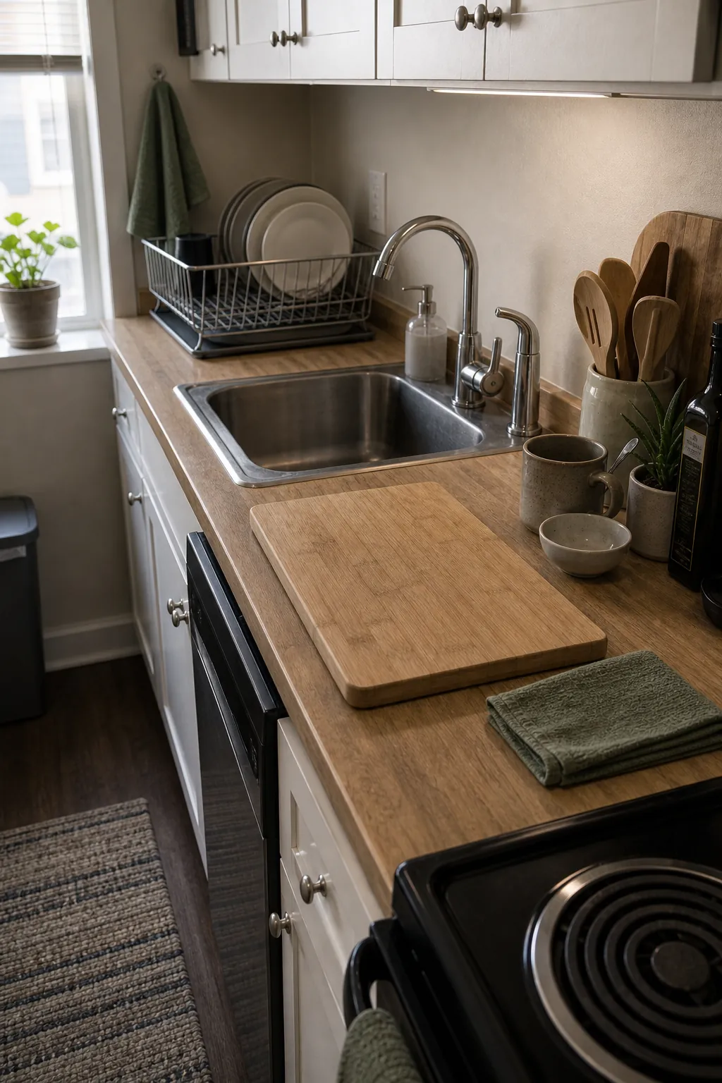 Small kitchen counter reset with one clear prep lane beside the sink