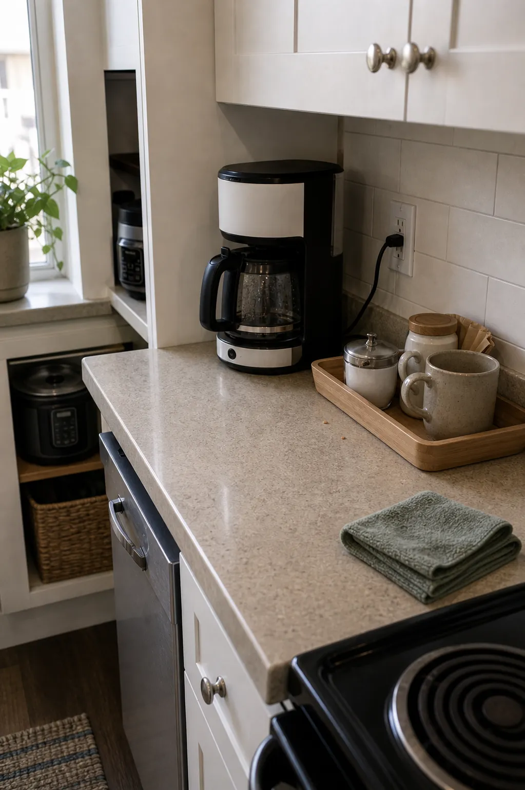 Small kitchen appliance zone with only daily tools kept on the counter