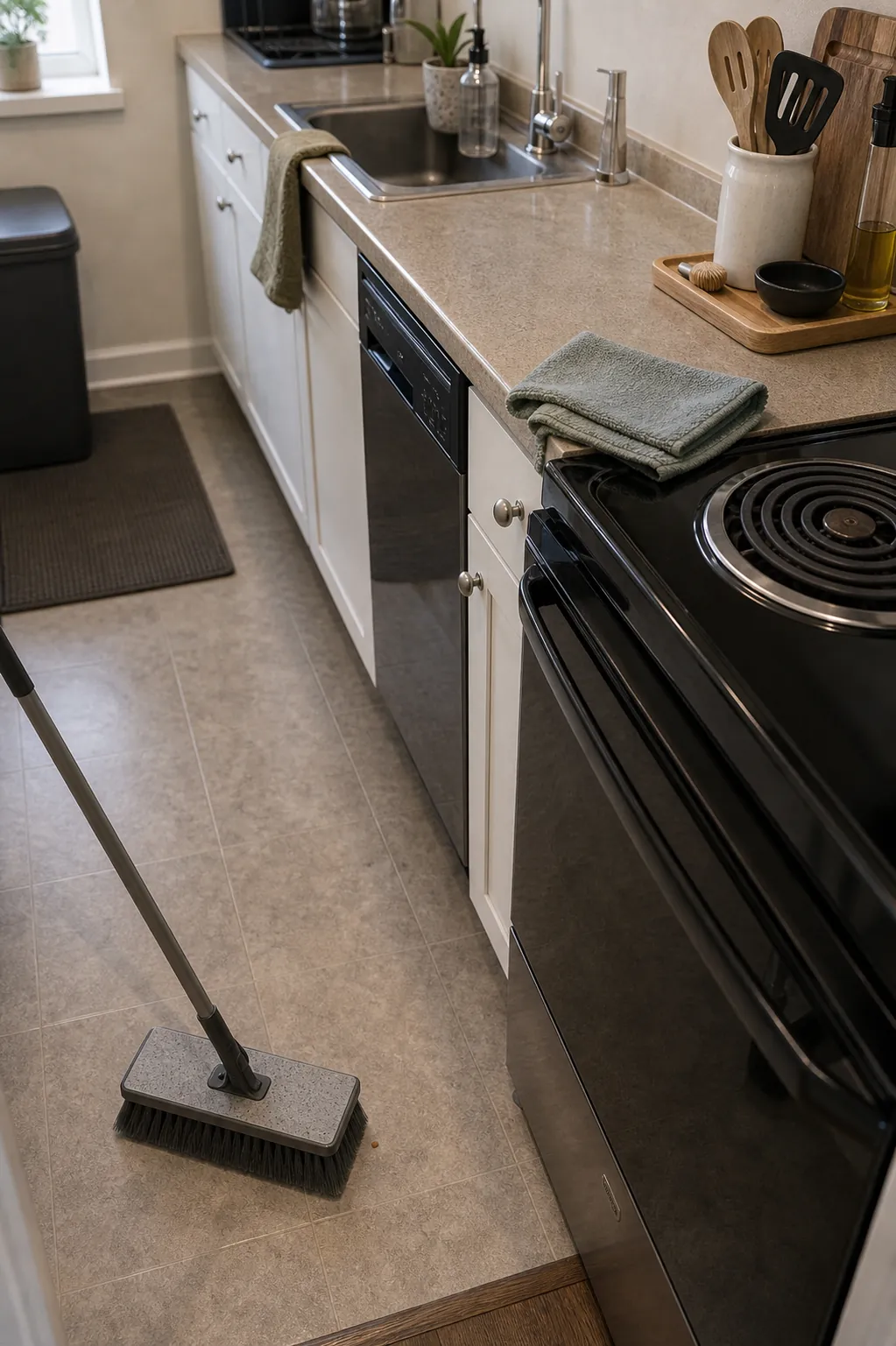 Small kitchen stove and floor finish after counters are reset