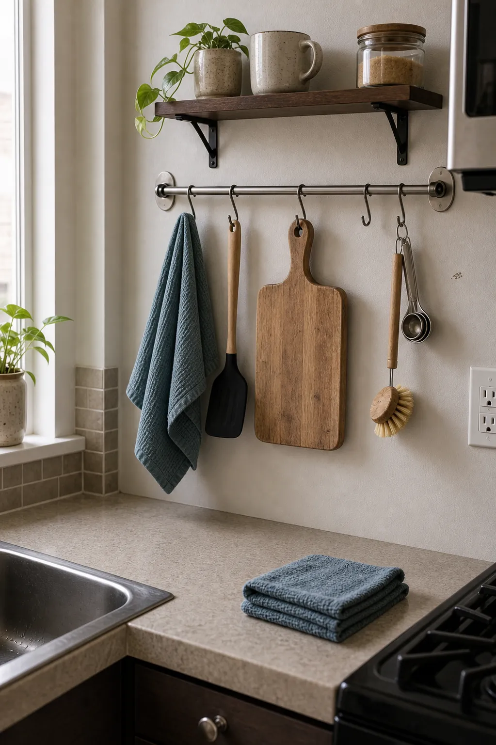 Small kitchen vertical storage rail keeping tools off tight counters