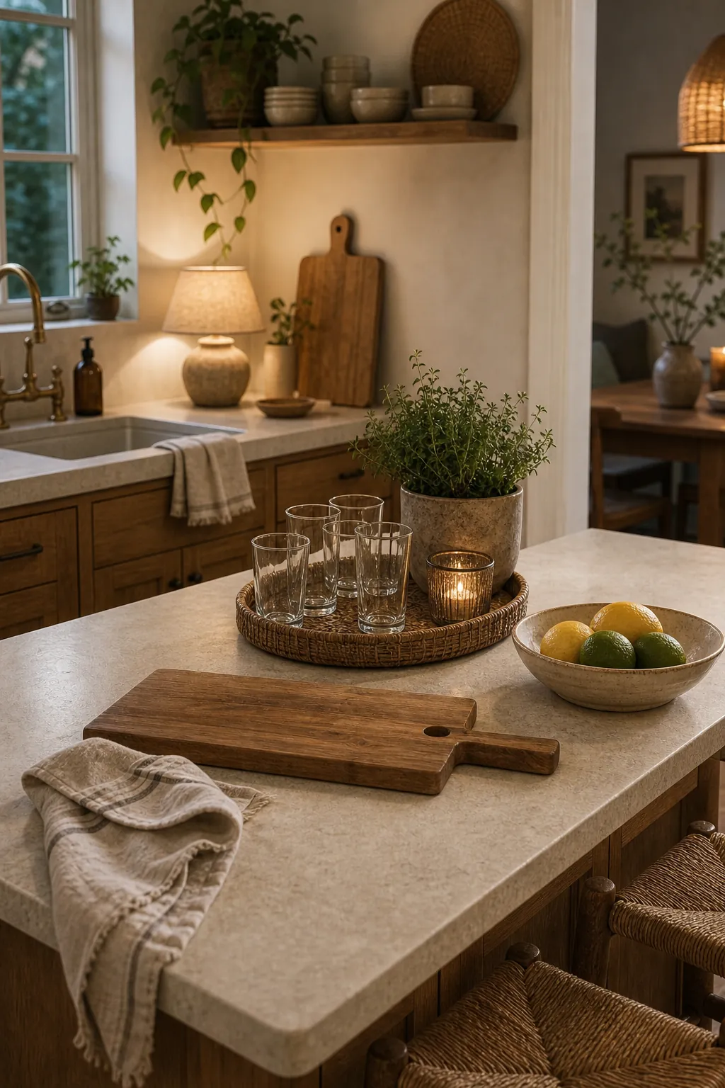 Warm guest ready kitchen with wood accents, soft lighting, linen, and simple hosting details