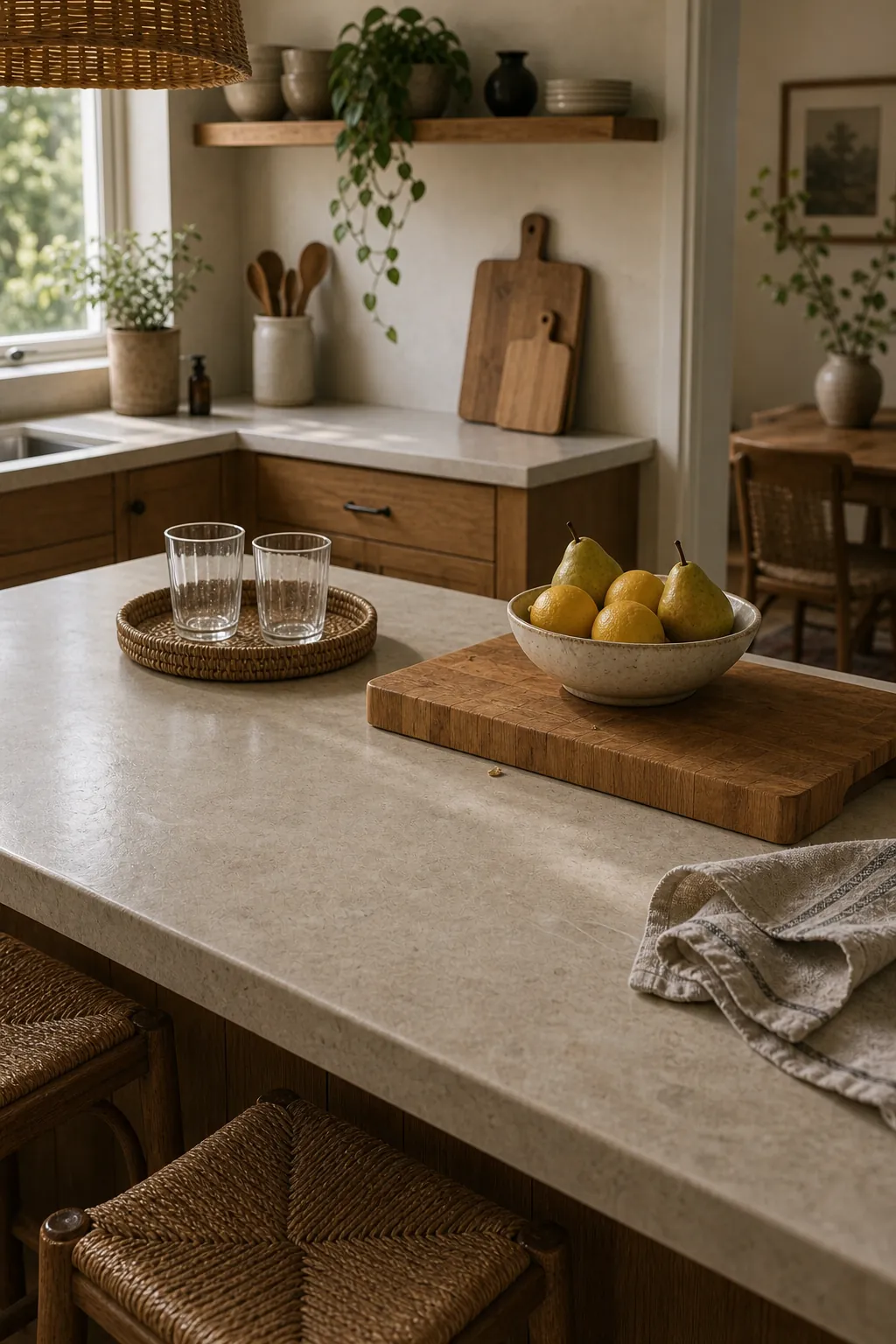 Warm kitchen counter cleared before guests arrive with wood accents and simple styling