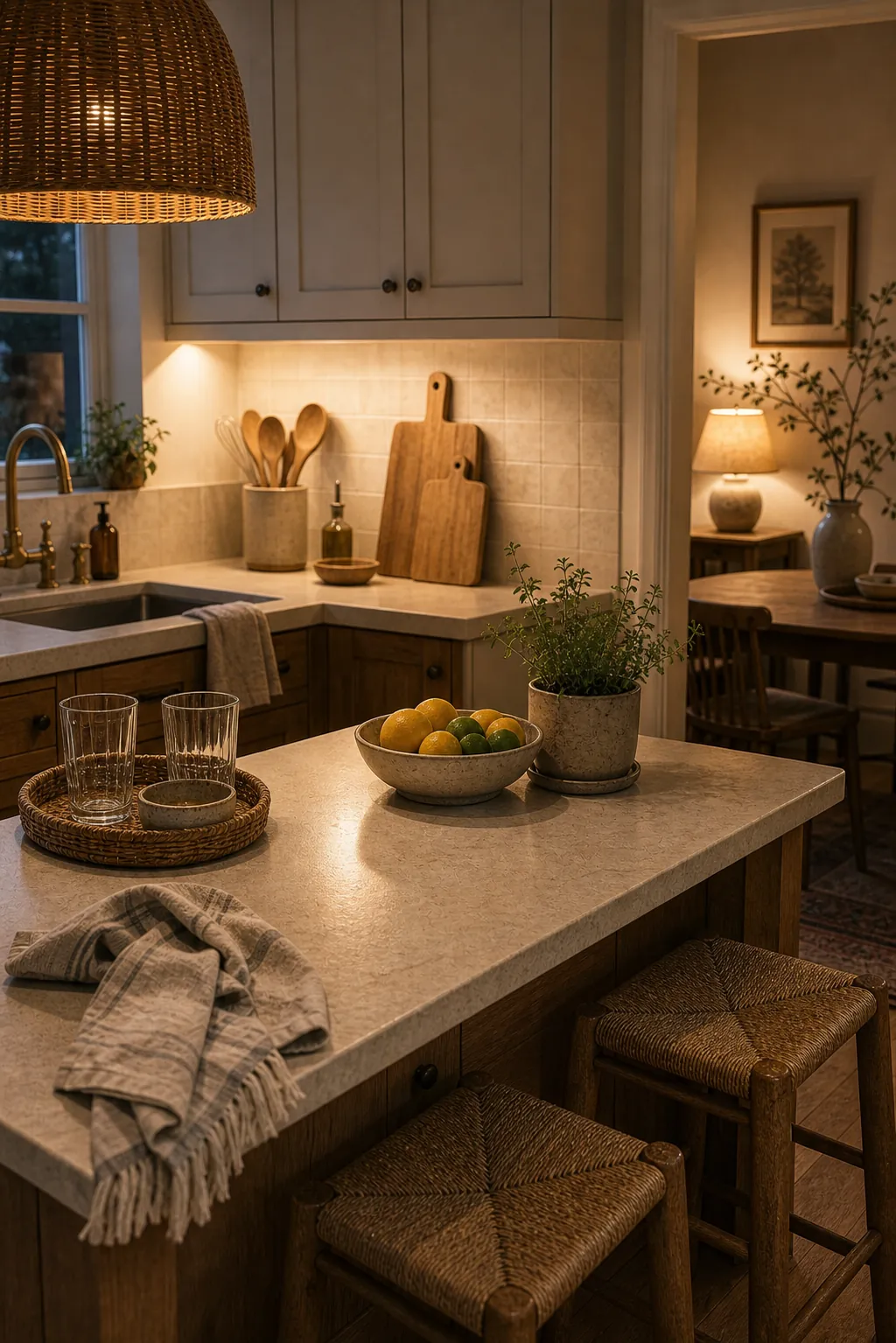 Cozy kitchen with warm layered lighting before guests arrive