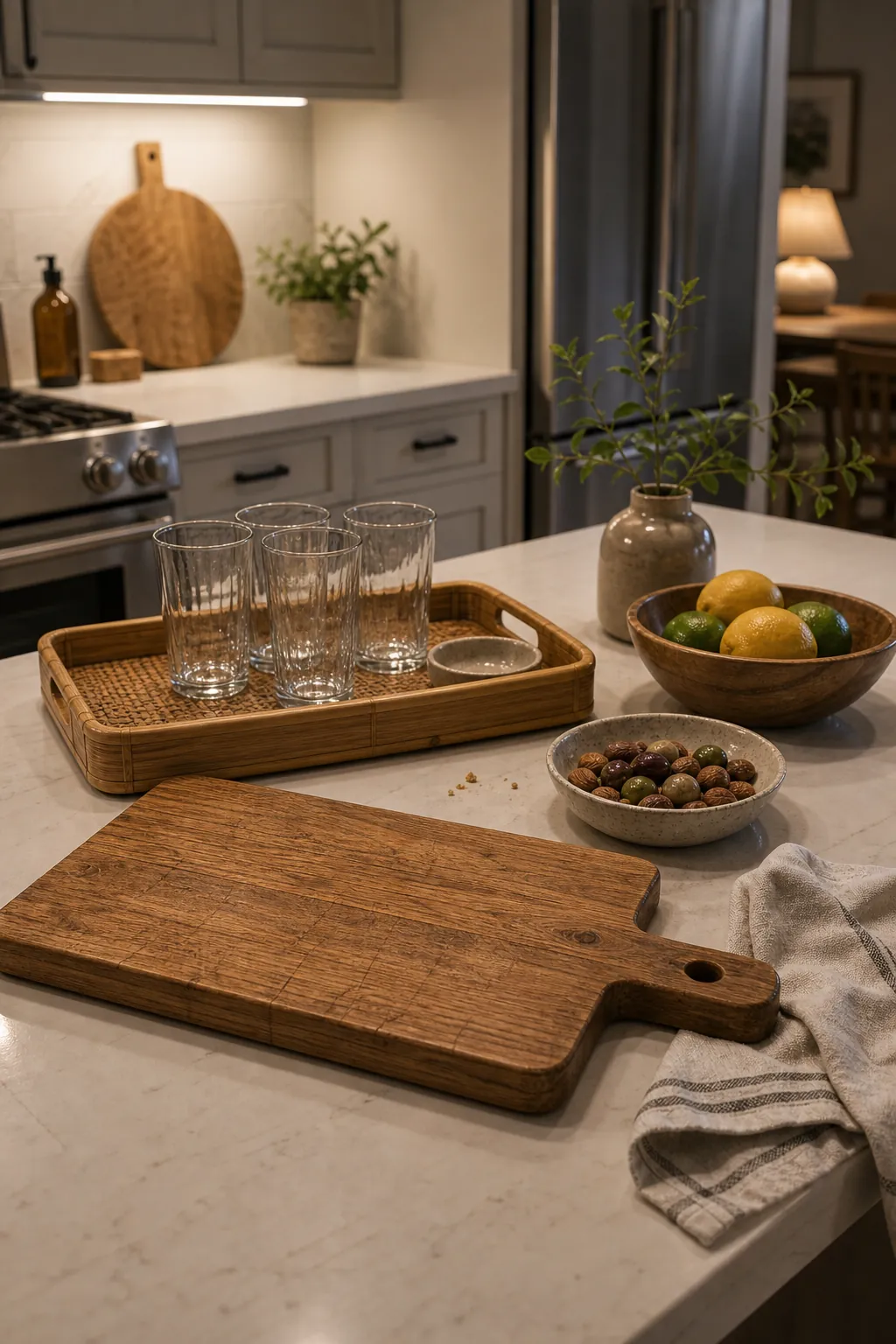 Warm kitchen serving zone with wood board, bamboo tray, snacks, and glasses for guests