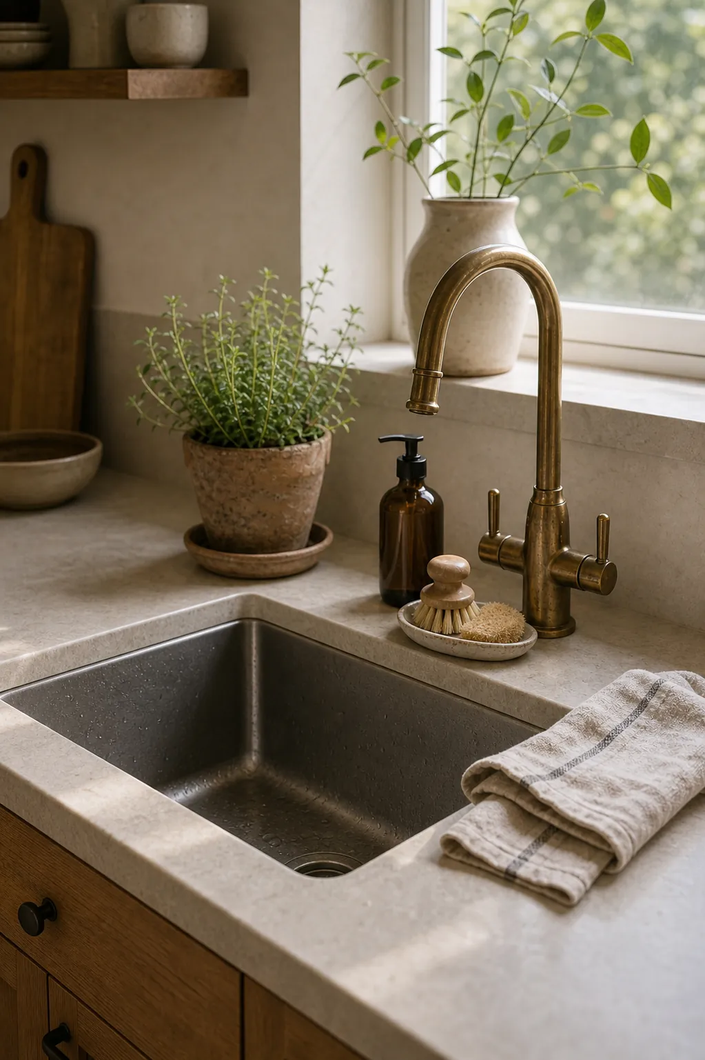 Guest ready kitchen sink reset with clean towel, soap tray, plant, and warm natural details