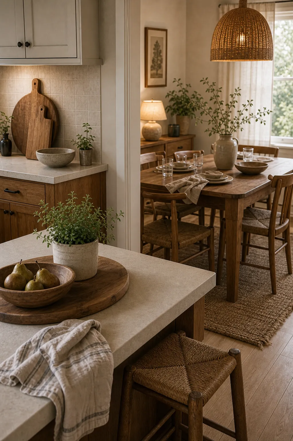 Warm kitchen and dining transition with linen, wood accents, and guest ready styling