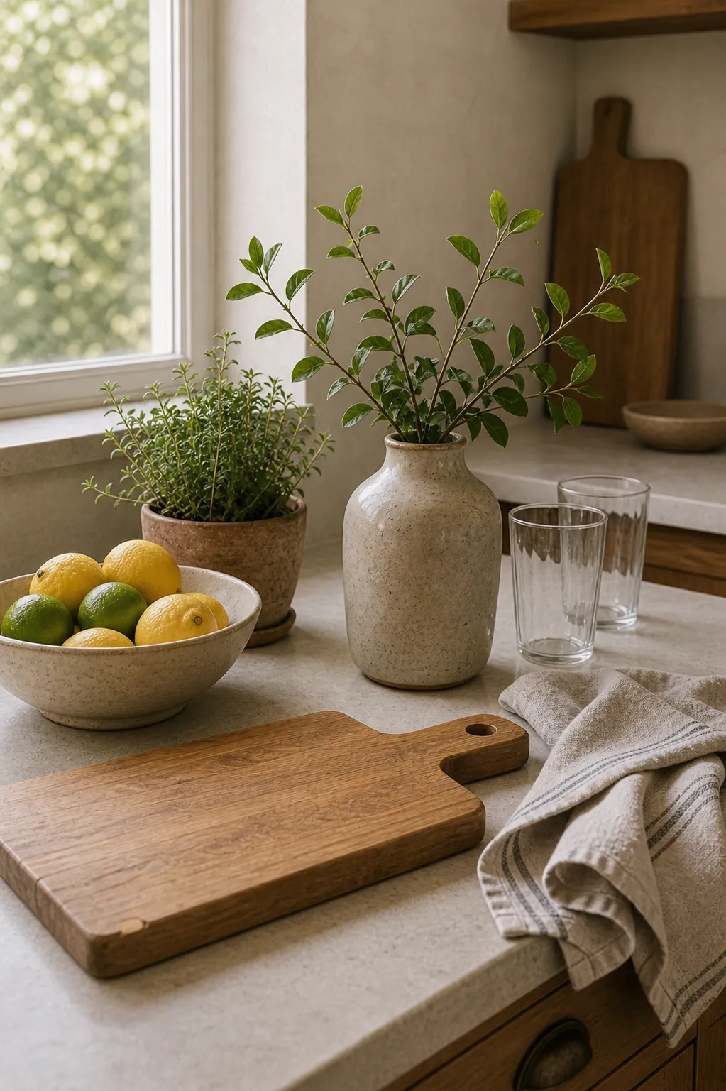 Warm kitchen final touch with herbs, linen, citrus, and simple guest ready decor