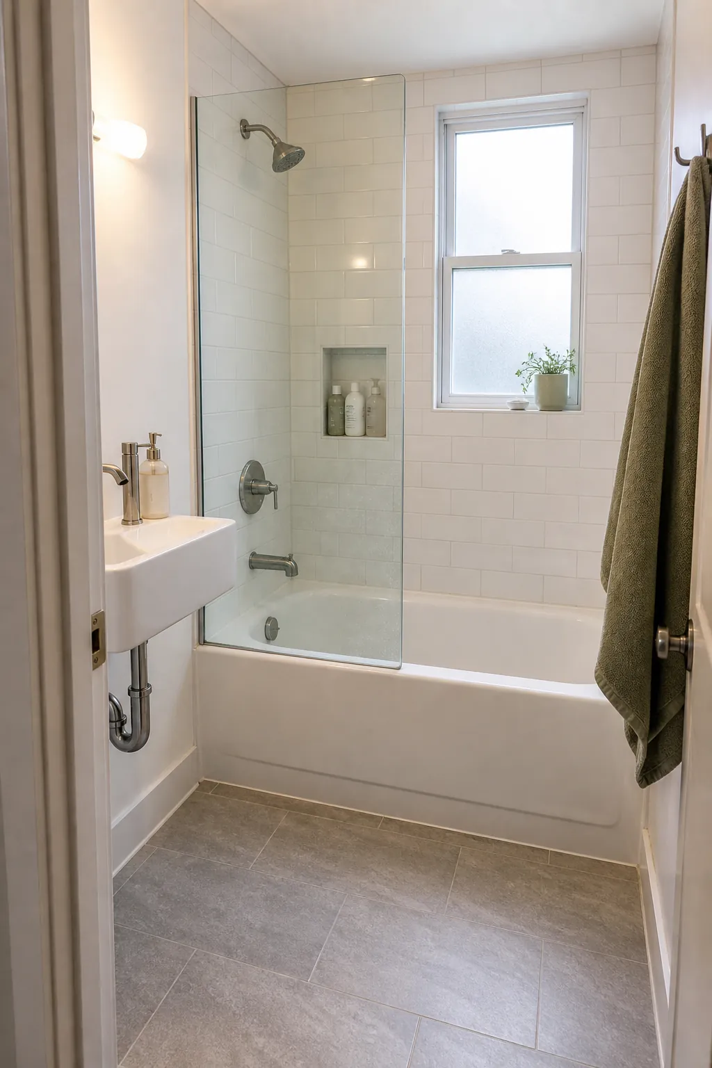 Small bathroom tub and shower combo layout with a clear glass panel