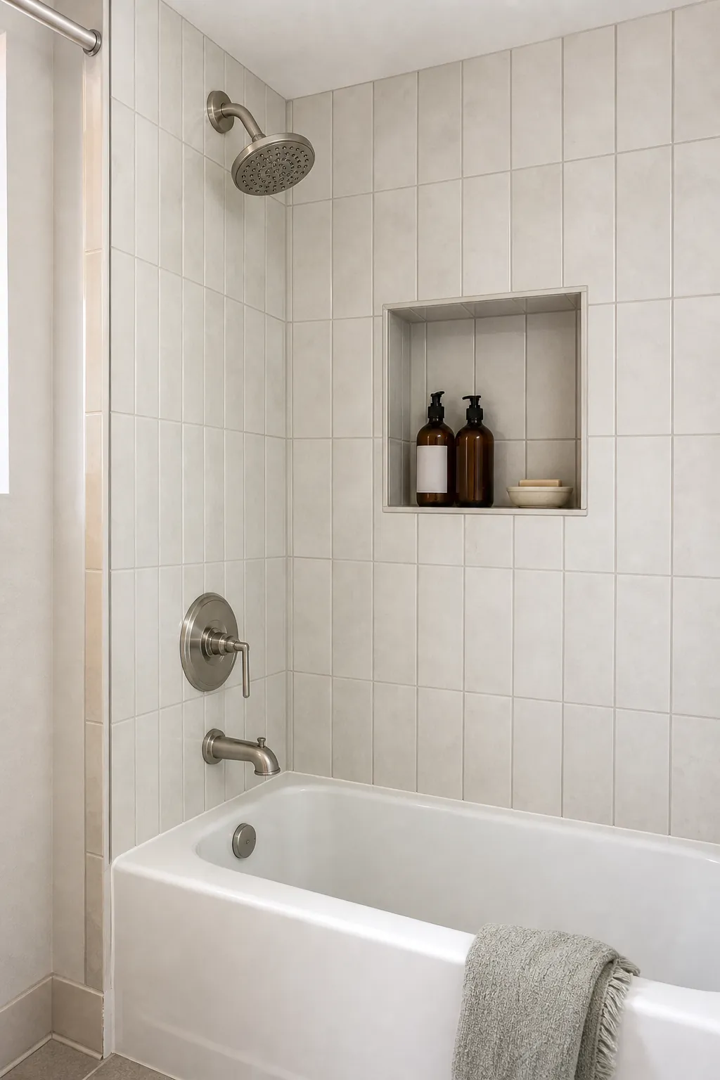 Tiled tub shower combo with a built-in niche for a small bathroom