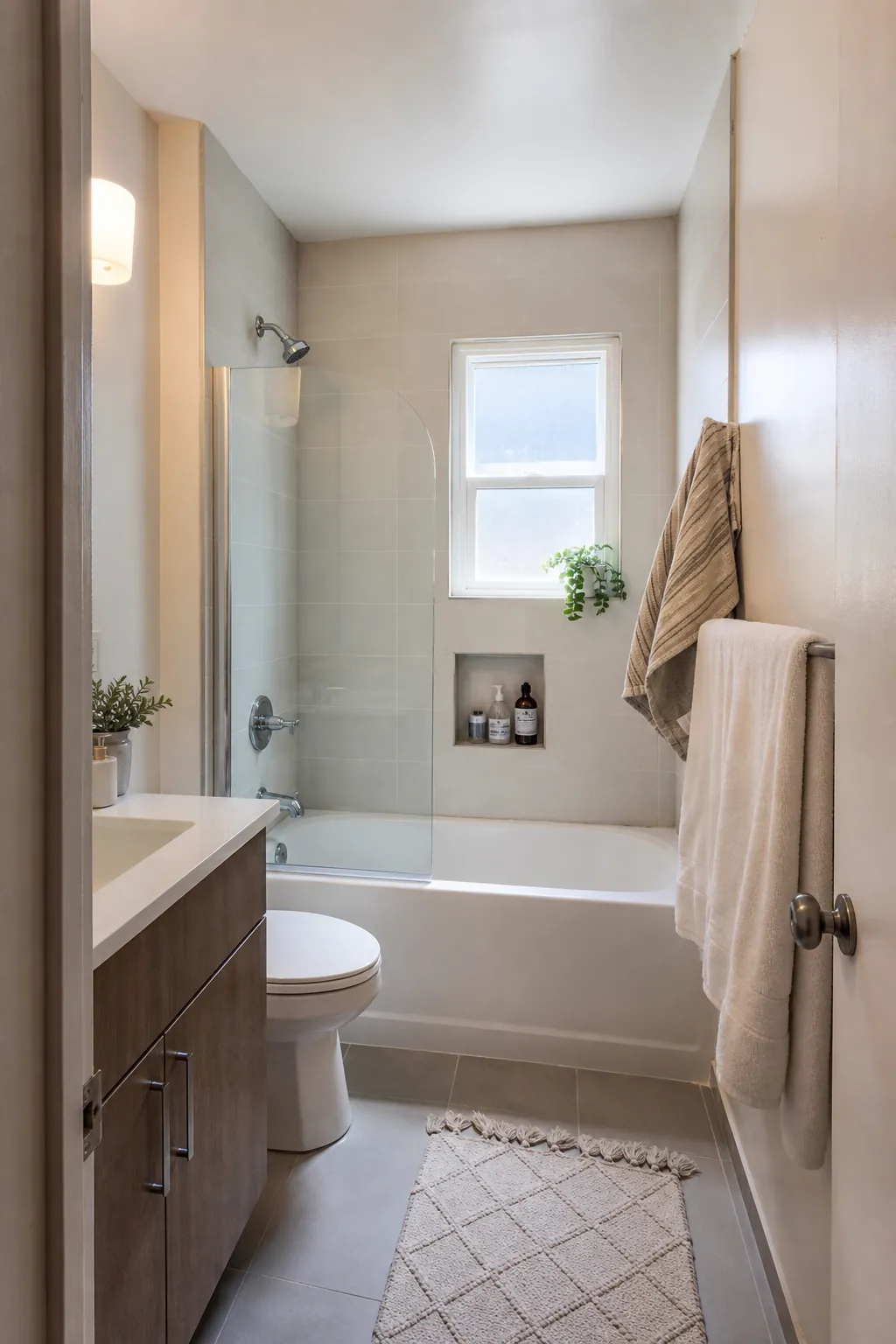 Small bathroom with a bathtub and shower combo in a bright realistic home