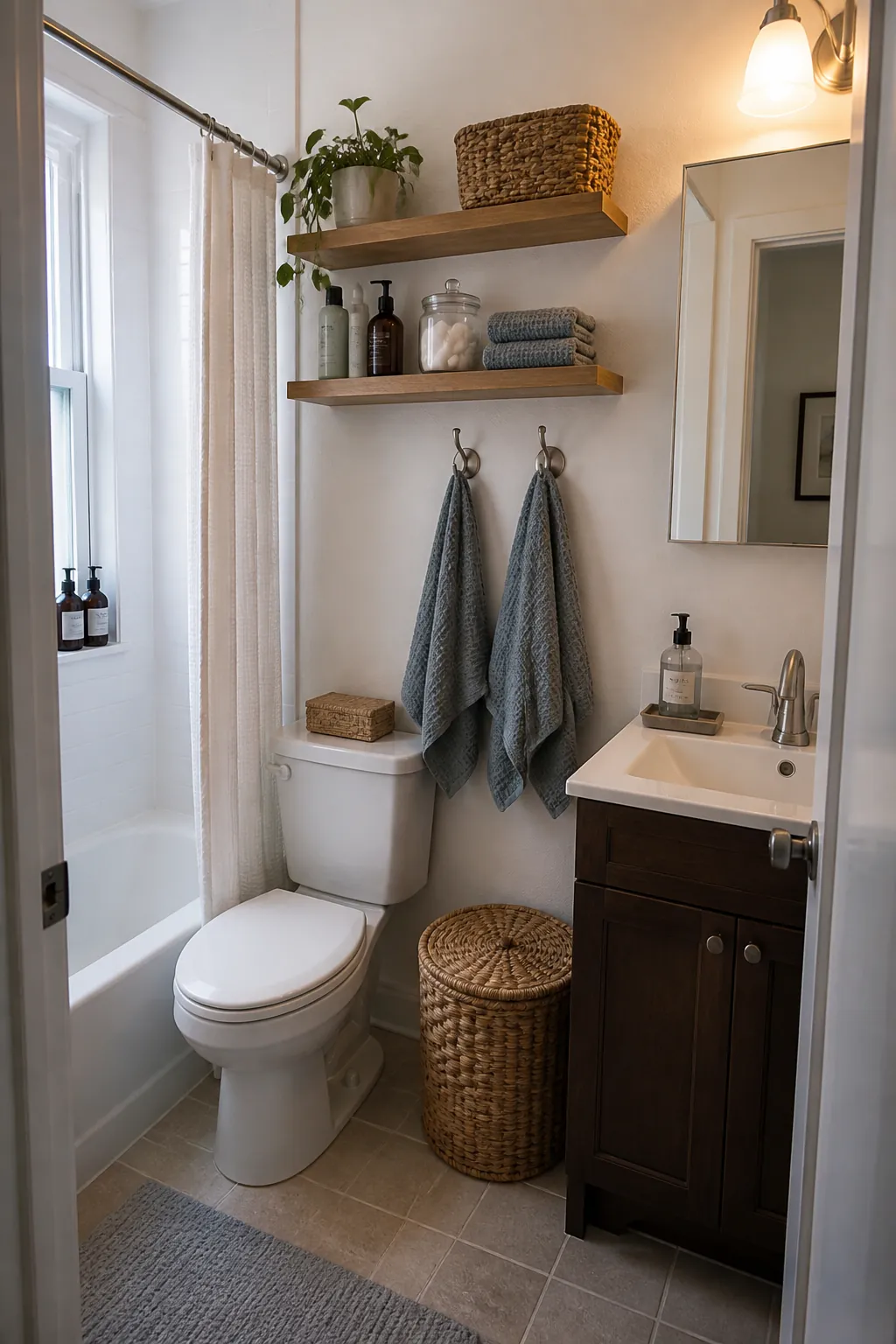 Small full bathroom storage beside a bathtub with slim shelves and hooks