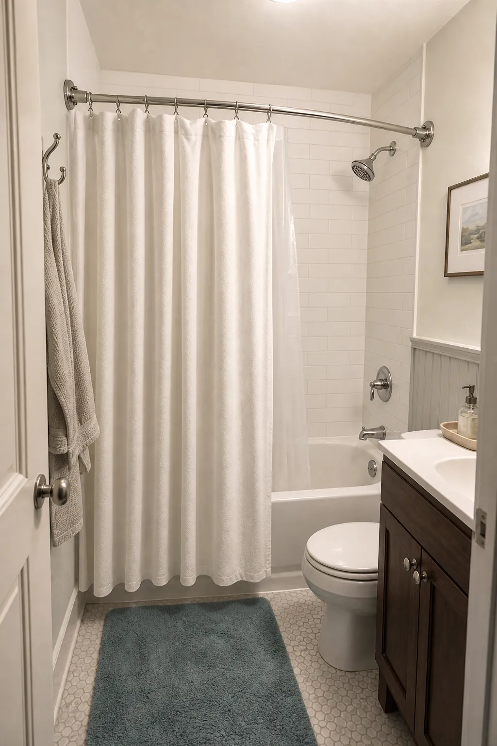 Small bathroom bathtub with a curved shower curtain rod for extra elbow room