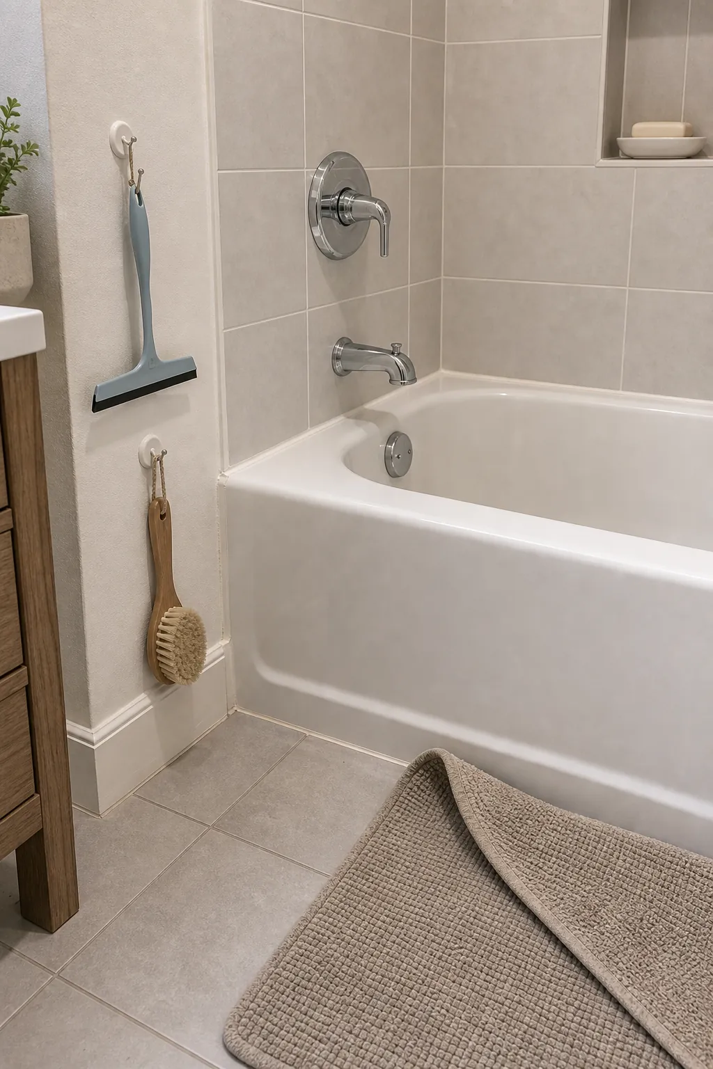 Easy-clean small bathroom tub detail with clear ledges and simple fixtures
