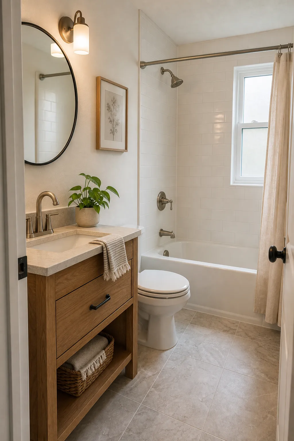 Small bathroom with bathtub light tile and warm wood vanity