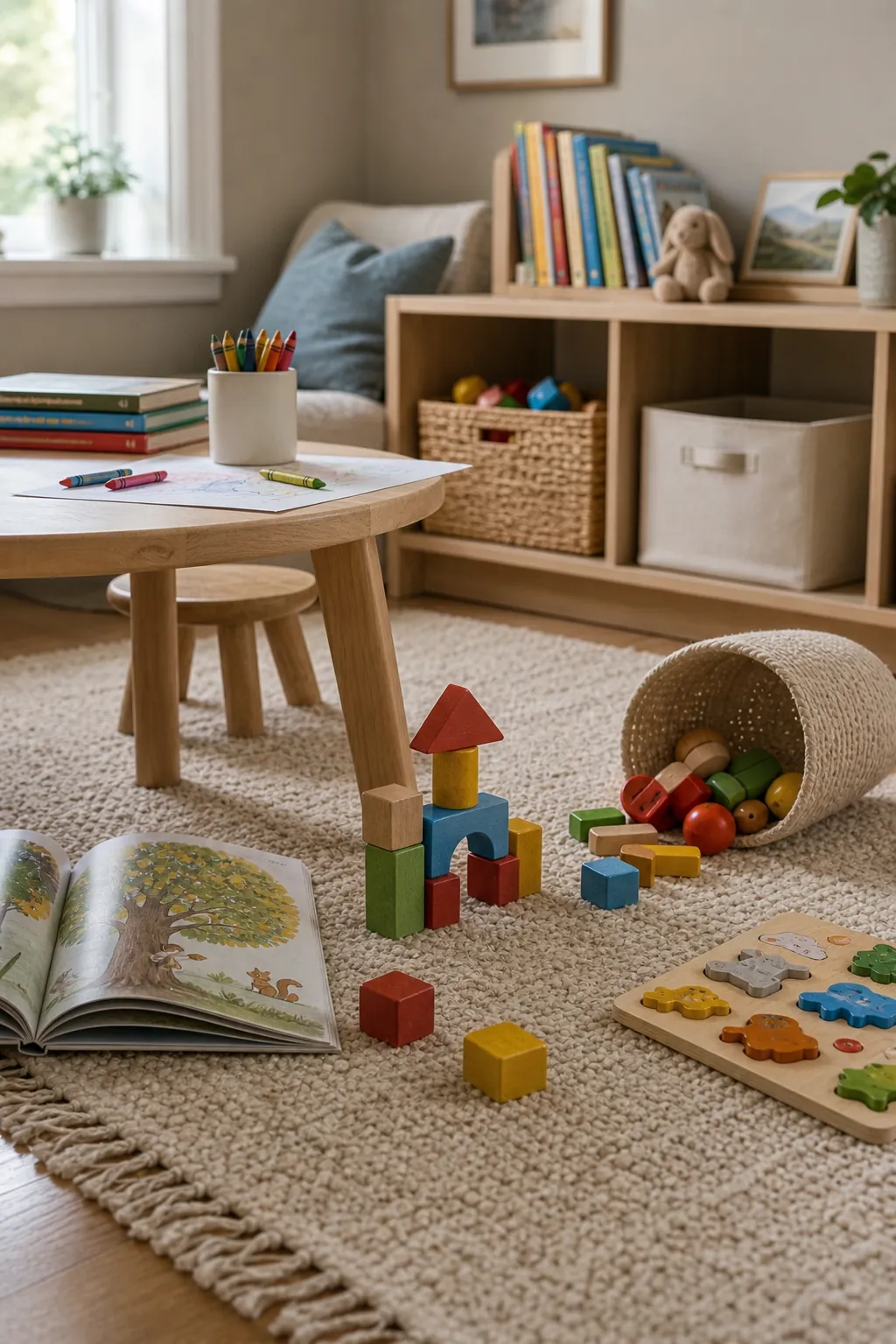 Neutral kids playroom where colorful books, blocks, and art supplies add playful color to soft decor