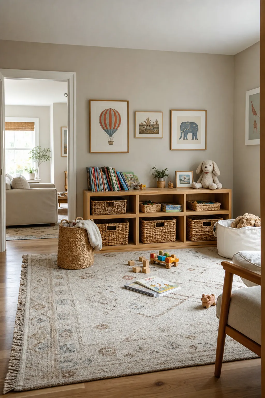 Neutral playroom with soft colors, low toy storage, cozy decor, and playful kids room styling