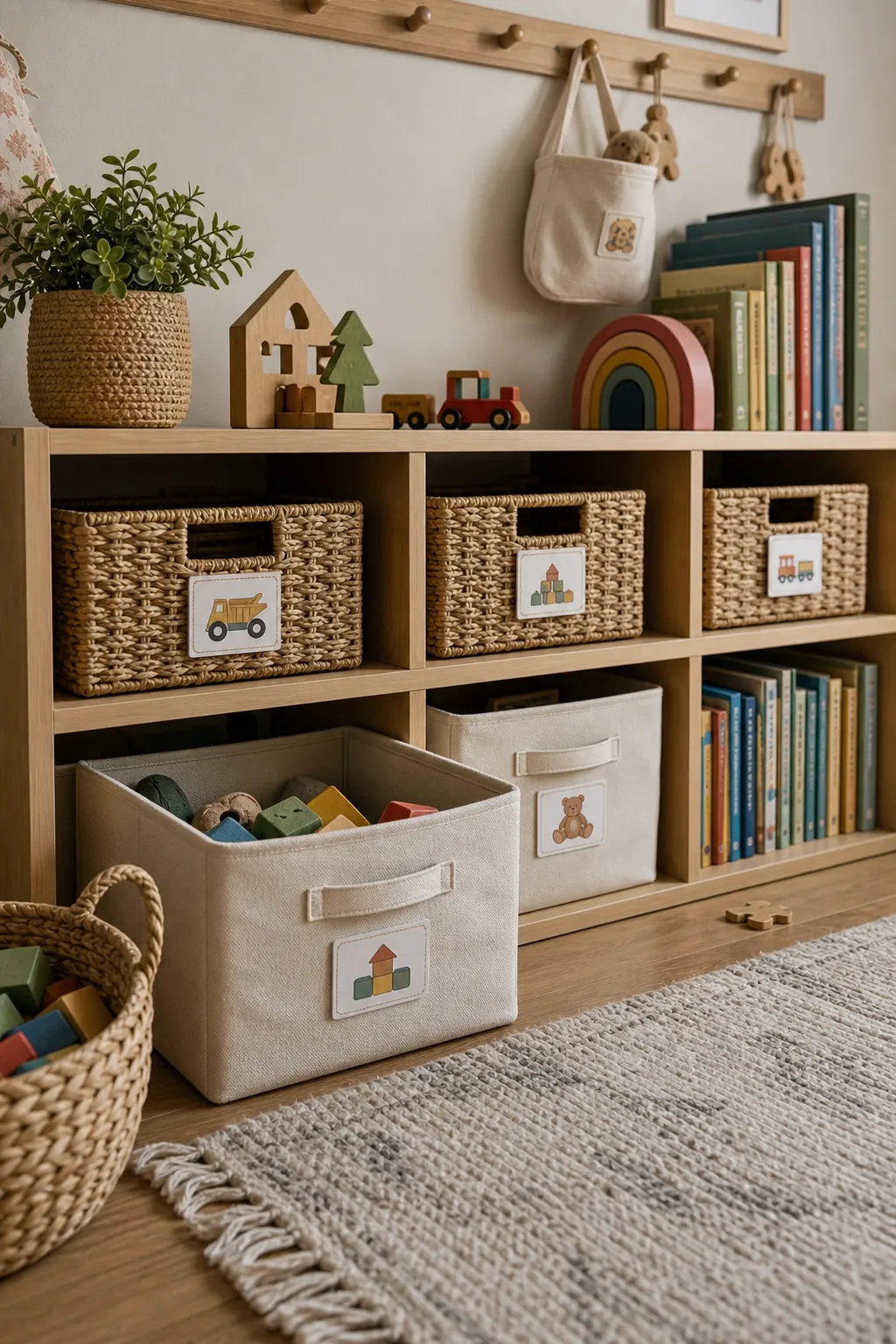 Low toy storage in a neutral playroom with woven baskets, labeled bins, and books within child reach