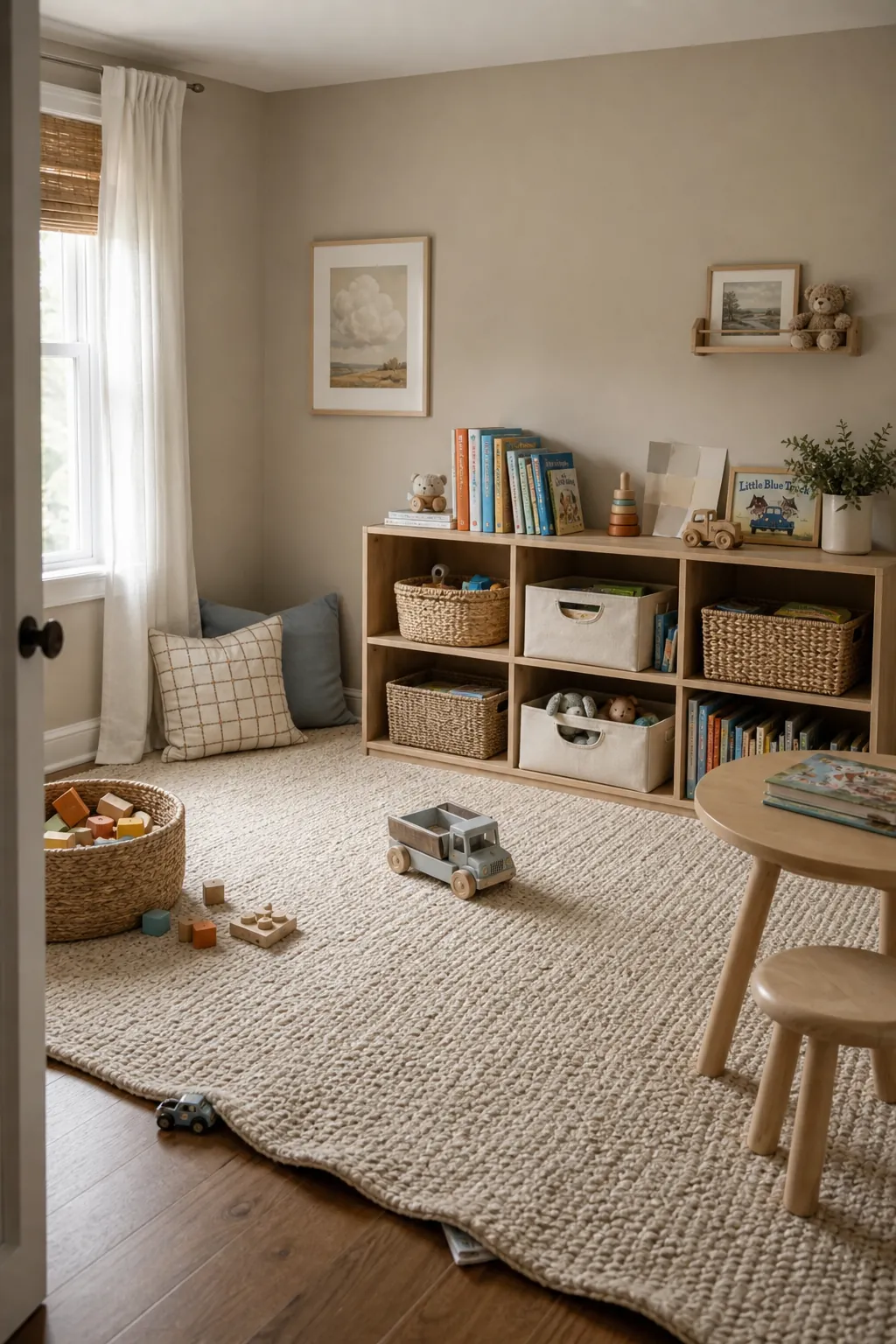 Neutral playroom with warm greige walls, soft rug, low shelves, and muted toy colors