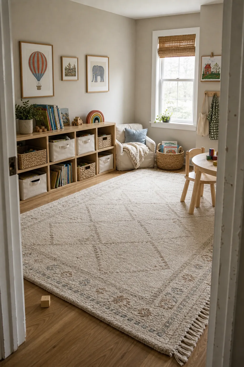 Neutral playroom with an open floor layout, soft washable rug, wall storage, and room for active play