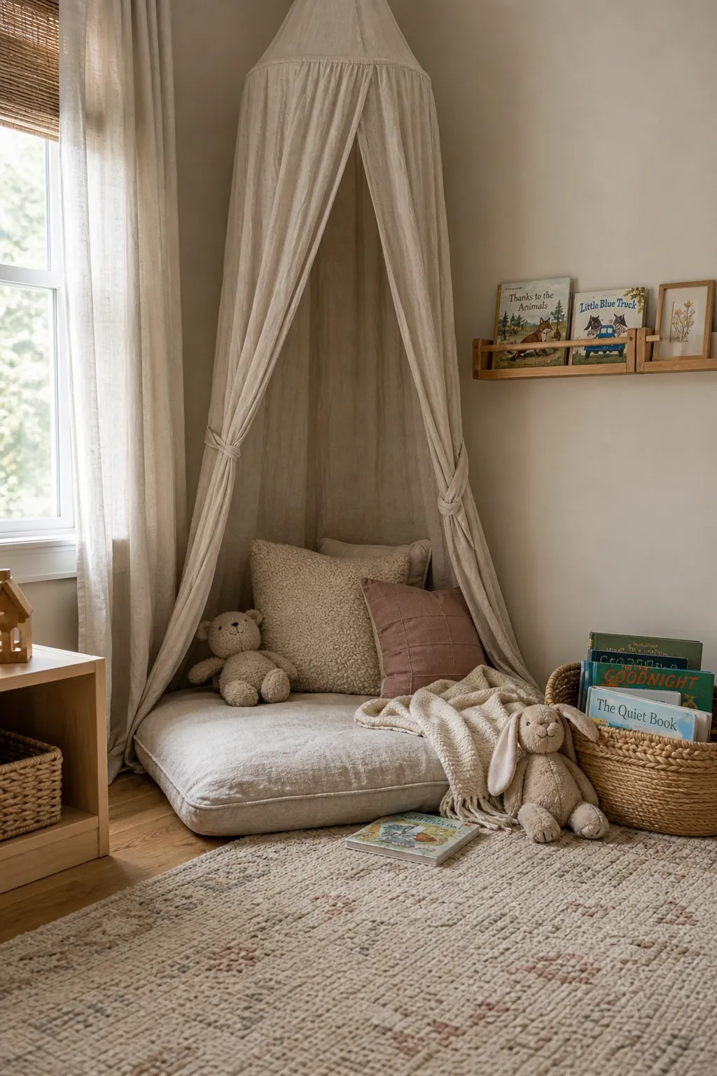 Cozy neutral playroom reading corner with floor cushions, picture books, soft textures, and warm light