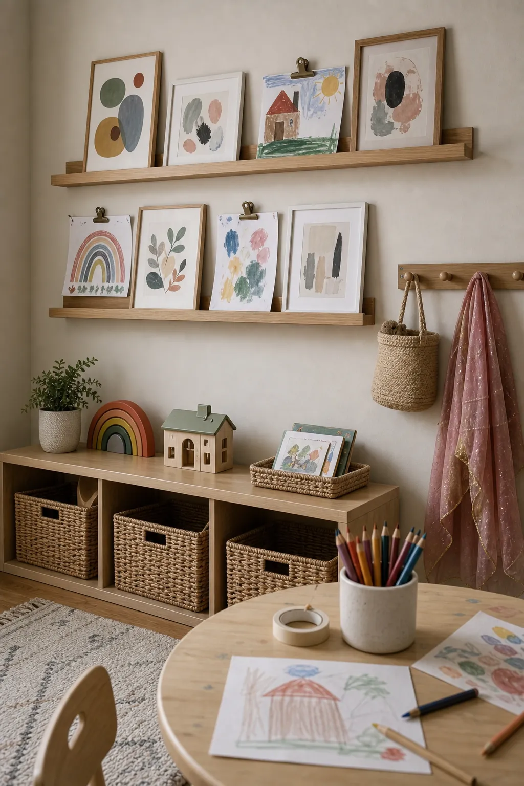 Neutral playroom wall decor with picture ledges, framed kids art, soft colors, and simple shelves