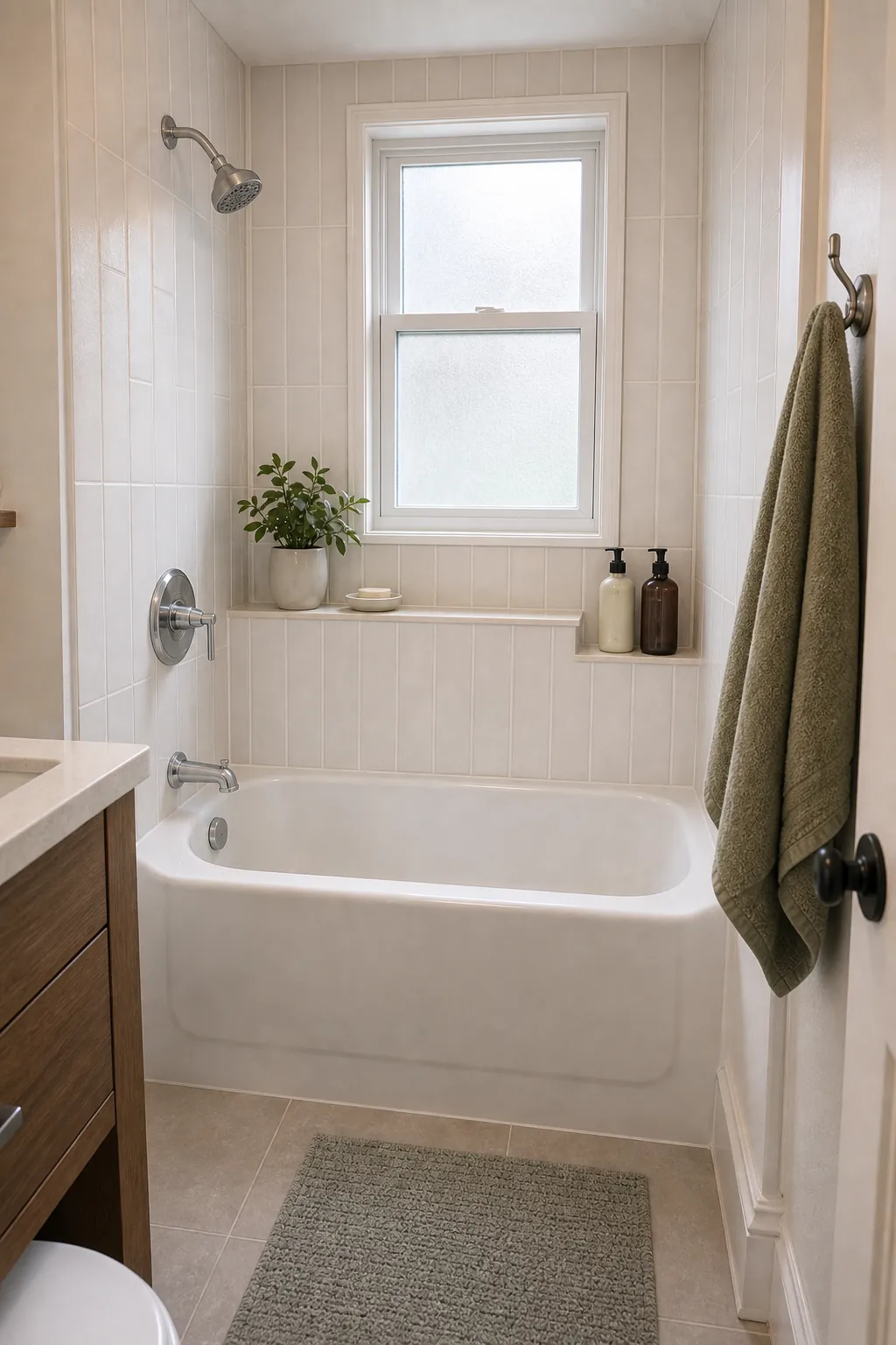 Compact bathtub under a frosted window in a tiny bathroom
