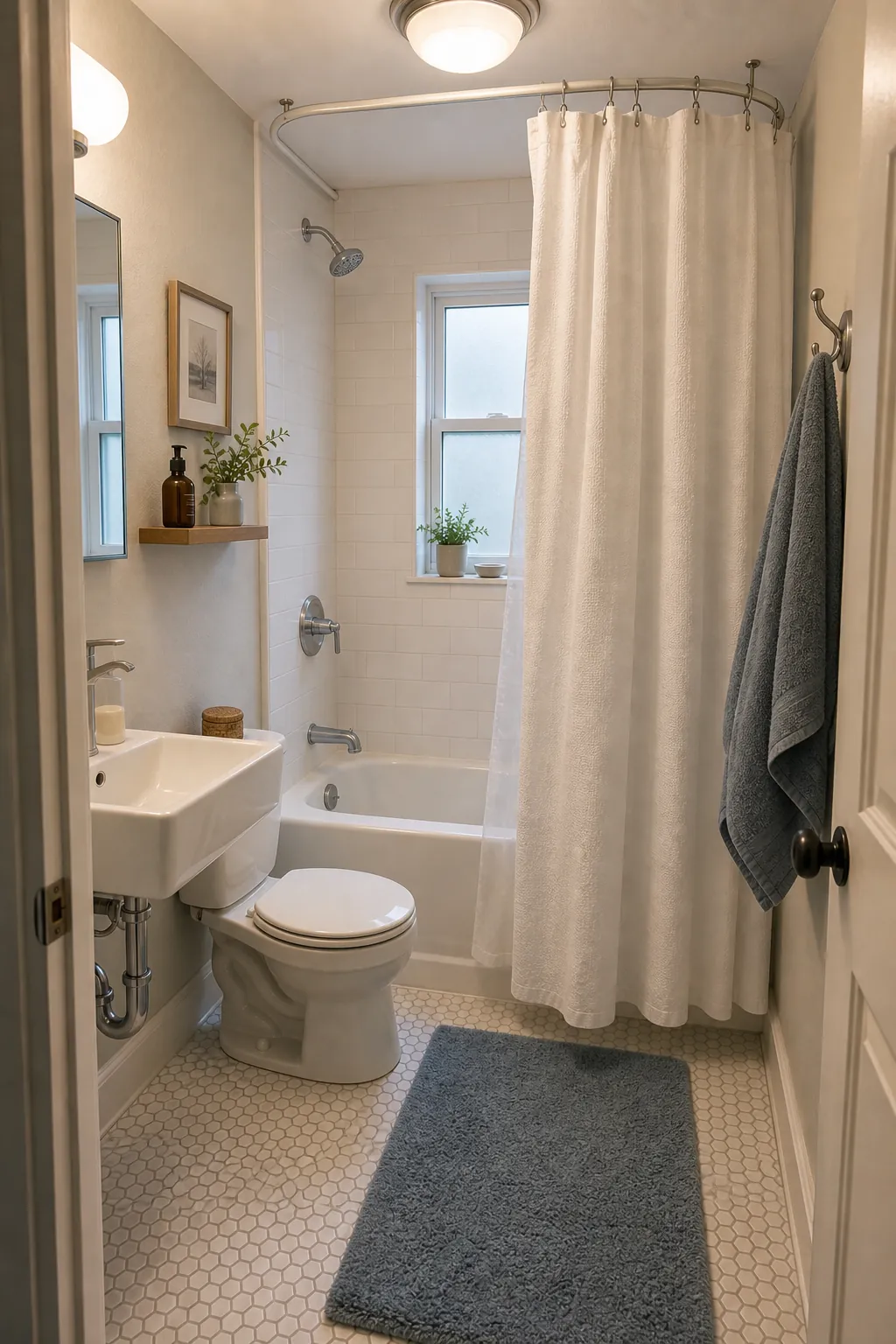Tiny bathroom tub with a ceiling mounted shower curtain track