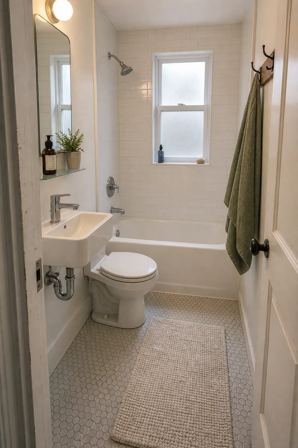 Tiny bathroom tub layout with a wall hung sink and narrow dry path