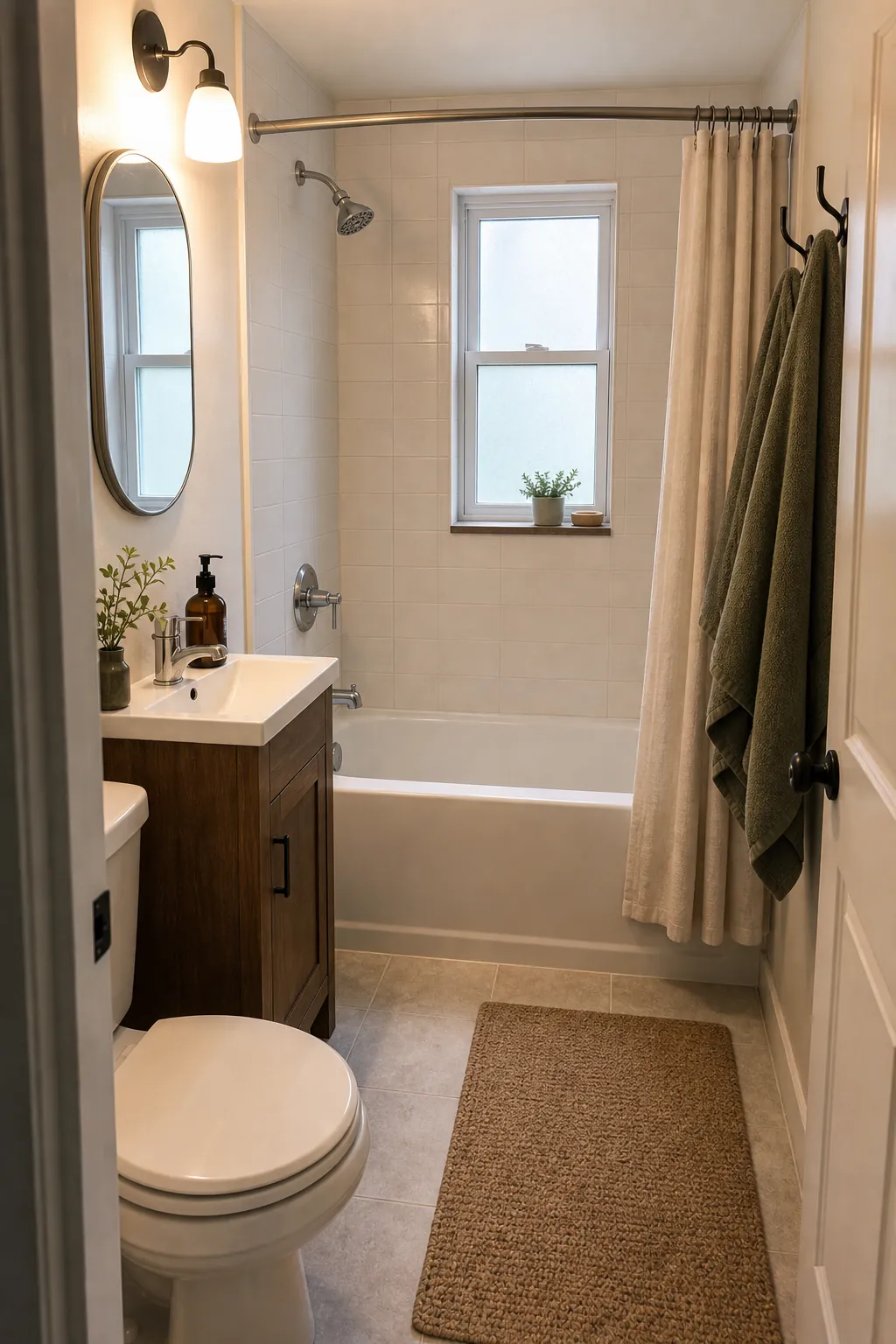 Tiny bathroom with a bathtub planned around narrow clearances