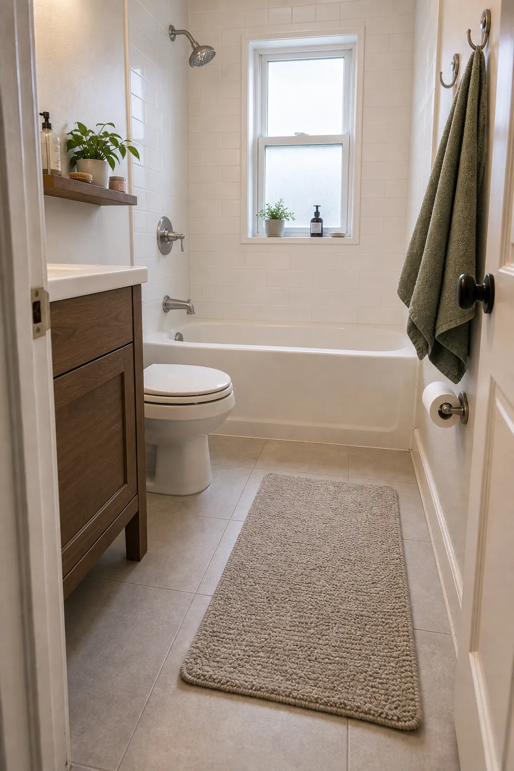 Tiny bathroom bathtub with clear floor access and hooks instead of bulky storage