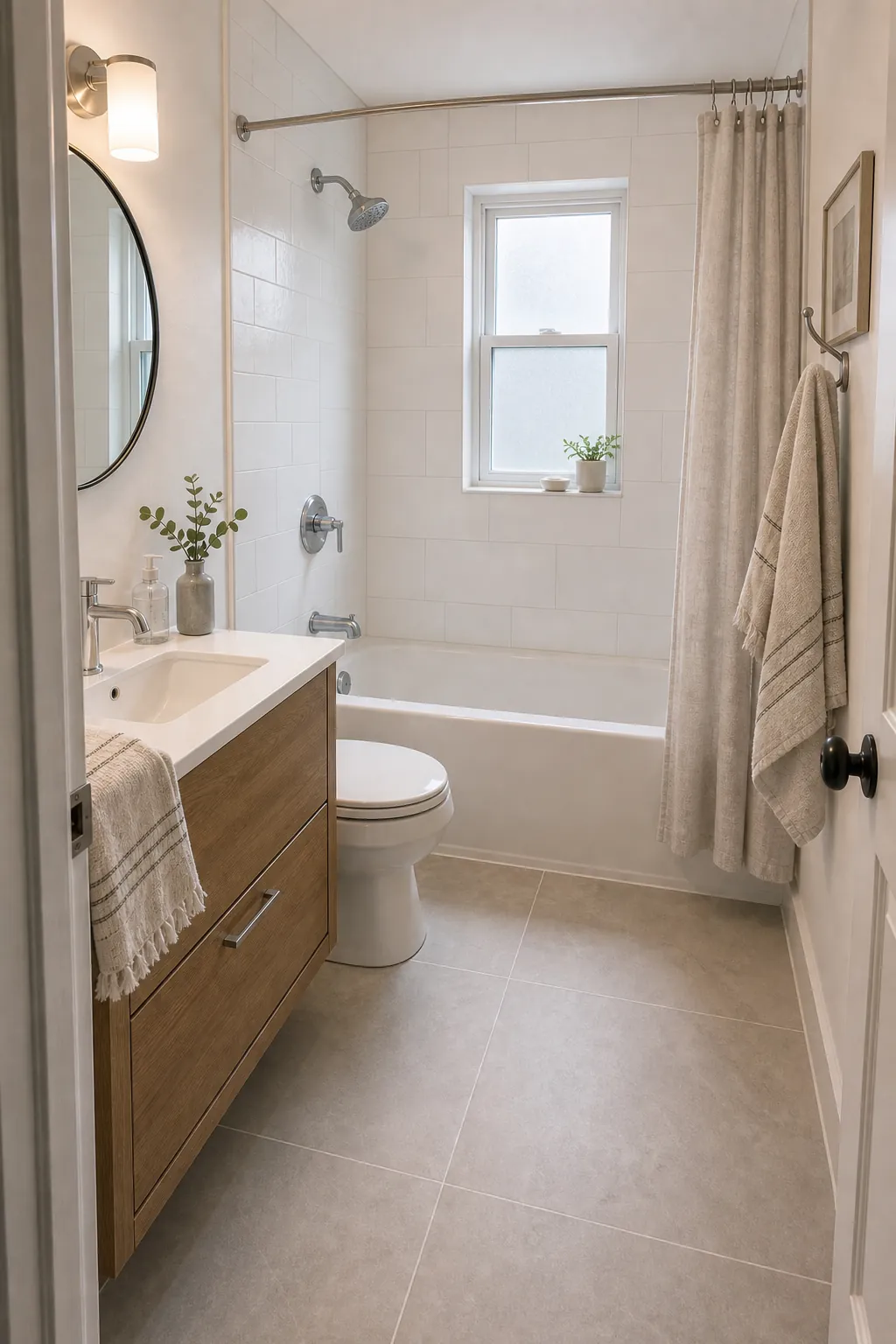 Tiny bathroom with bathtub and large format light floor tile