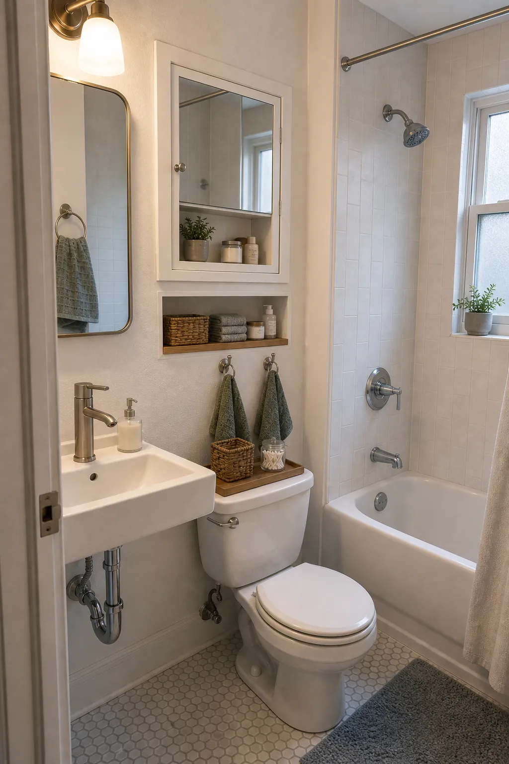 Very small bathroom with recessed storage beside a bathtub