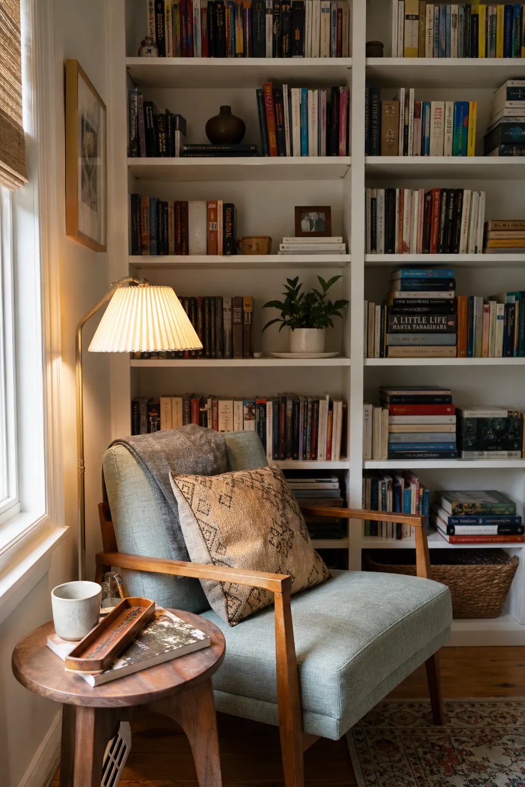 A cozy lived-in bookshelf with real books, warm lighting, plants, and a reading chair nearby