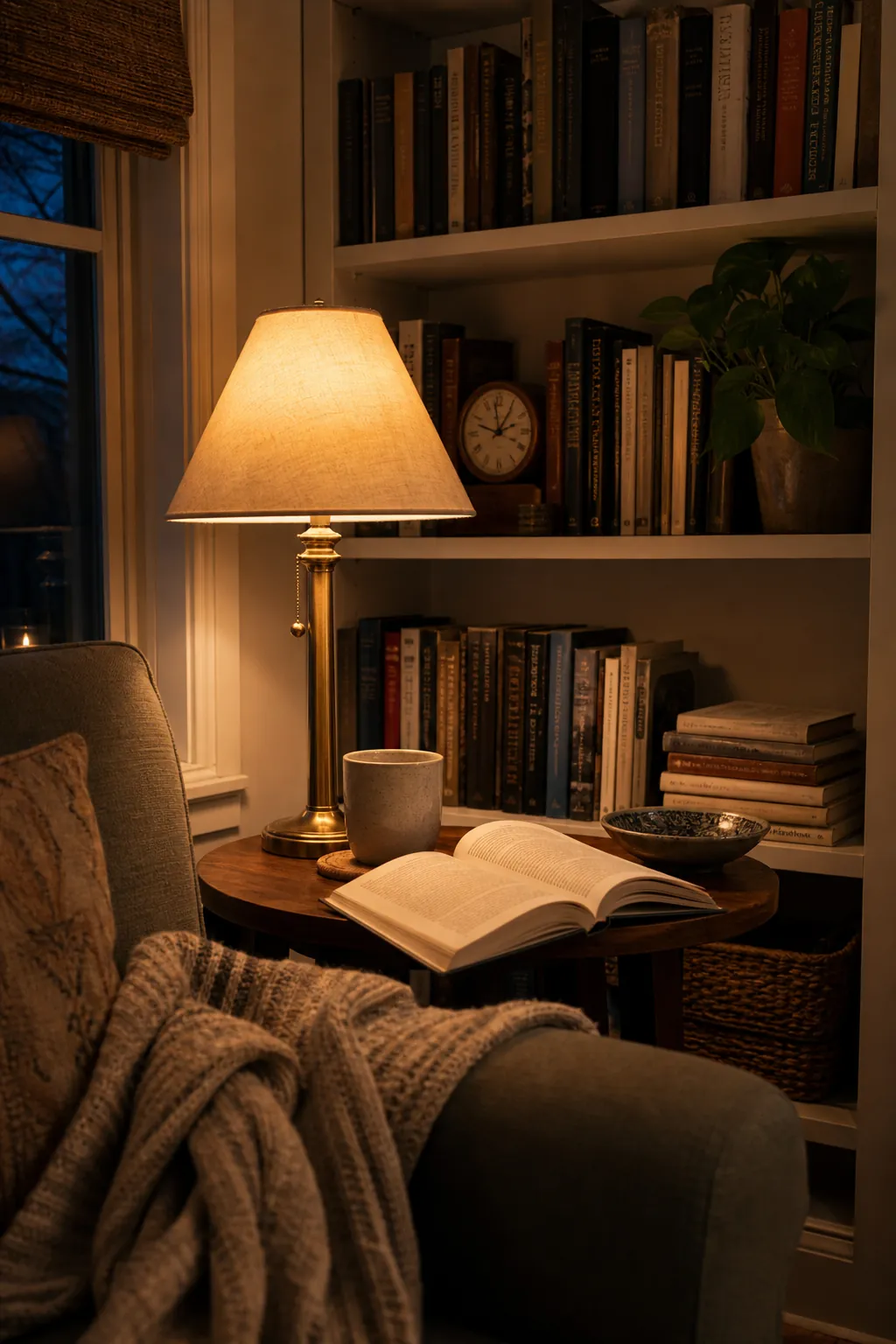 Warm reading light beside a styled bookshelf with cozy home details and natural textures