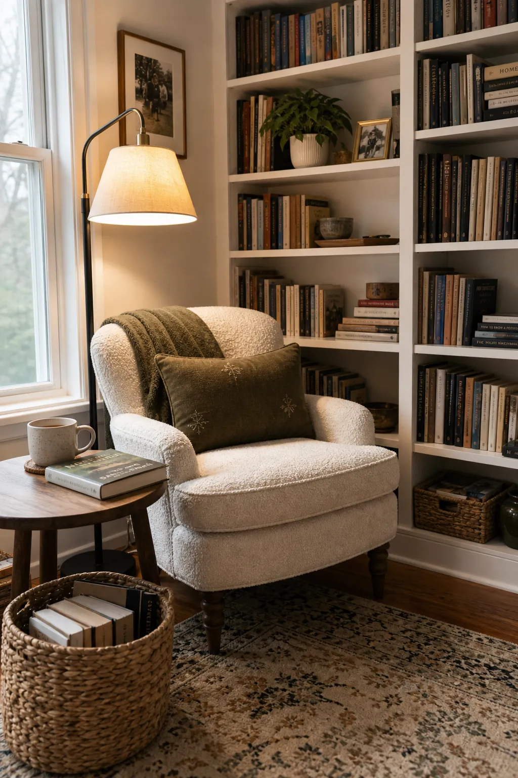 A cozy chair corner beside a bookshelf with a lamp, books, and a small tea table