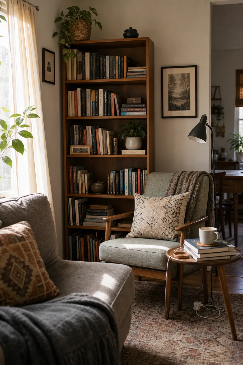 A normal living room corner turned into a small home library with a bookcase and chair
