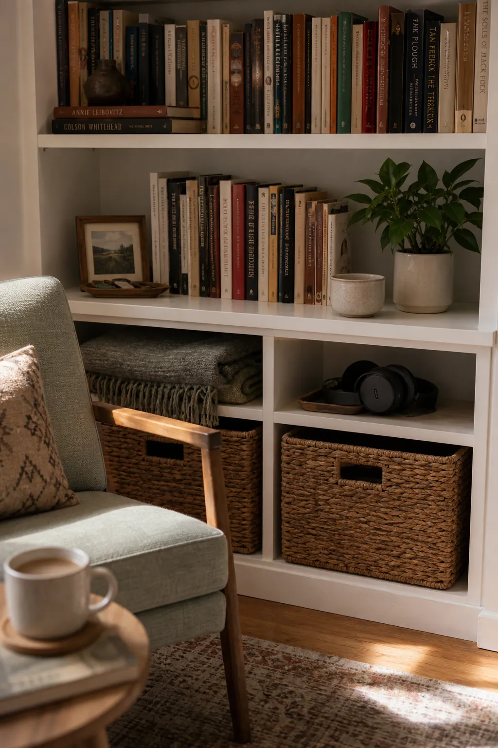 A small home library corner with open bookshelves and closed basket storage for a calmer look