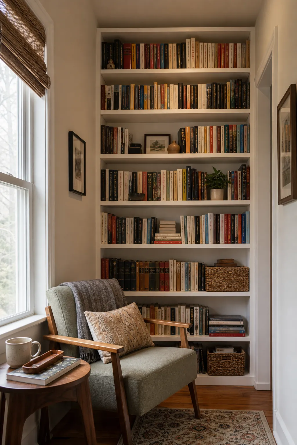 A tall bookcase using vertical wall space in a compact home library corner