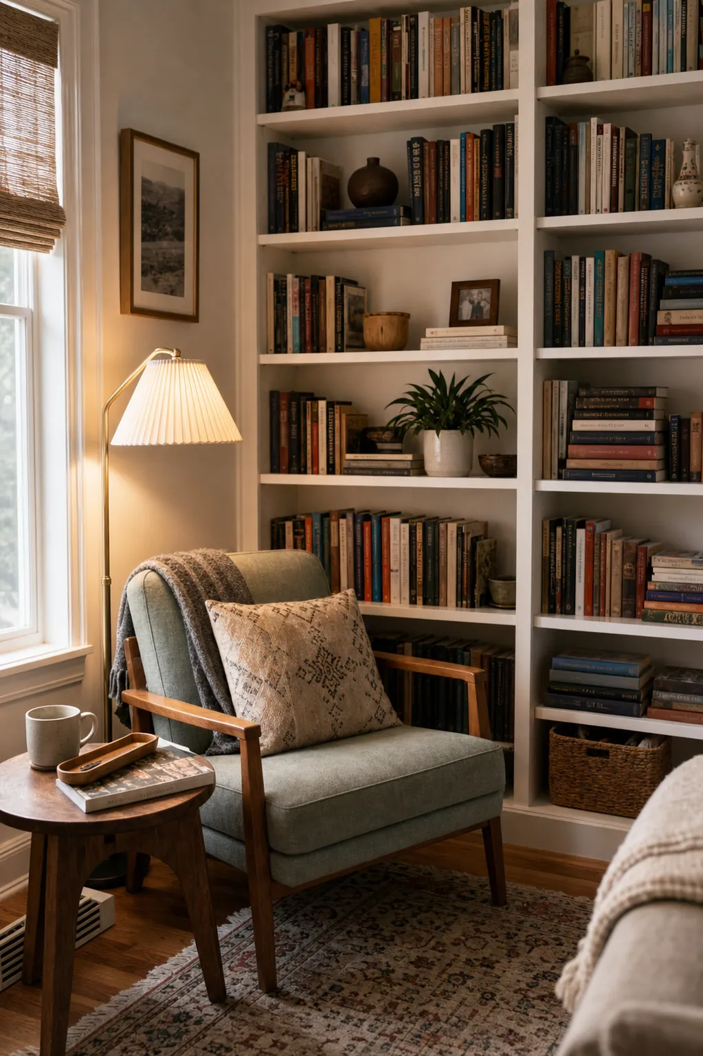A normal house living room corner turned into a cozy home library with books, a chair, and warm light